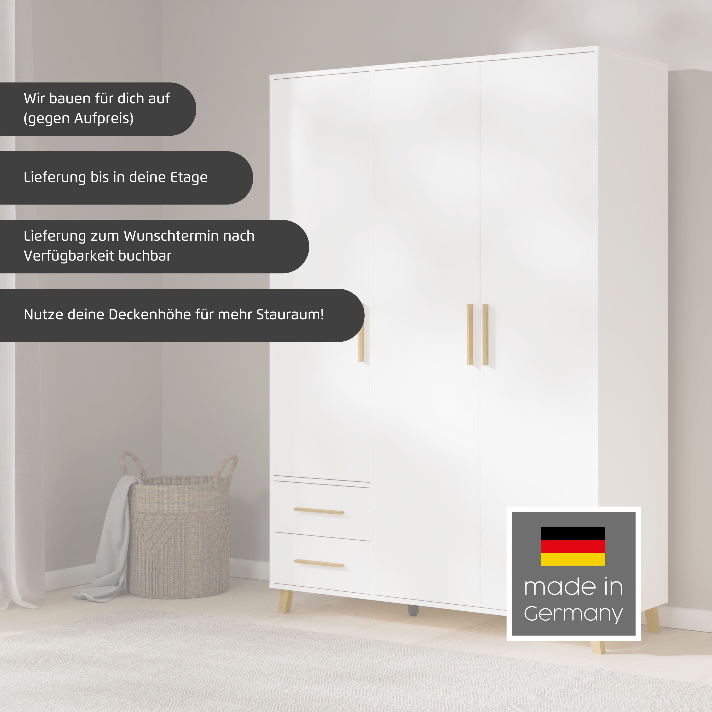 rauch Draaideurkast Kledingkast kast garderobe waskast SHINJO Grepen en voeten van massief hout met 2 lades MADE IN GERMANY