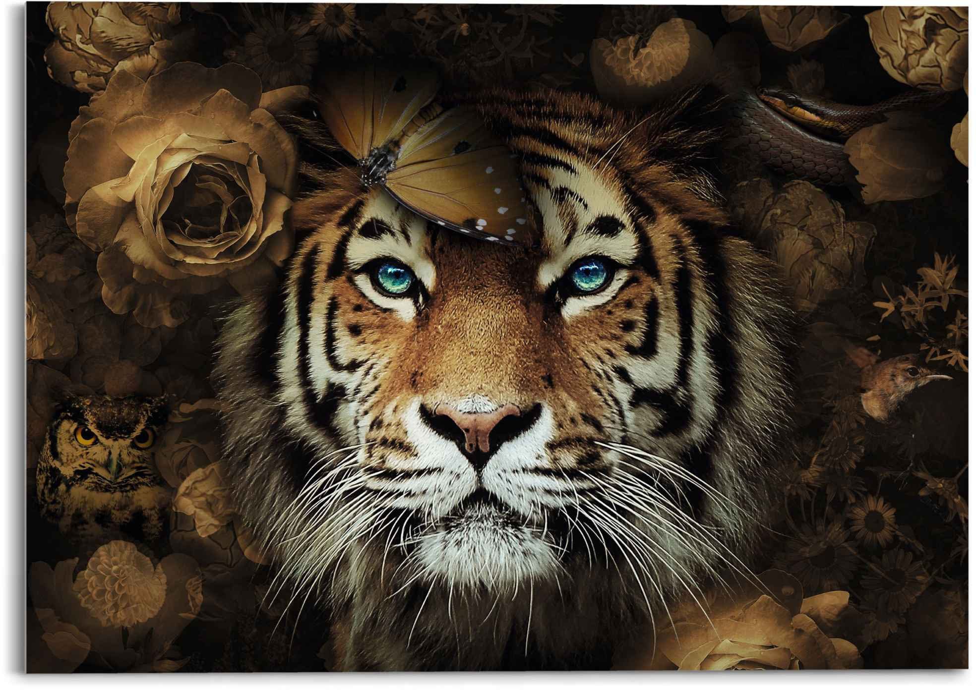 reinders! print op glas artprint op glas tijger dierenrijk - bloemen - herfstkleuren - blauwe ogen bruin