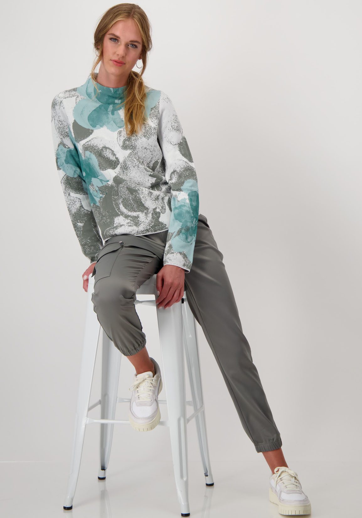 Monari Gebreide trui Pullover jacquard bloem met all-over bloemmotief