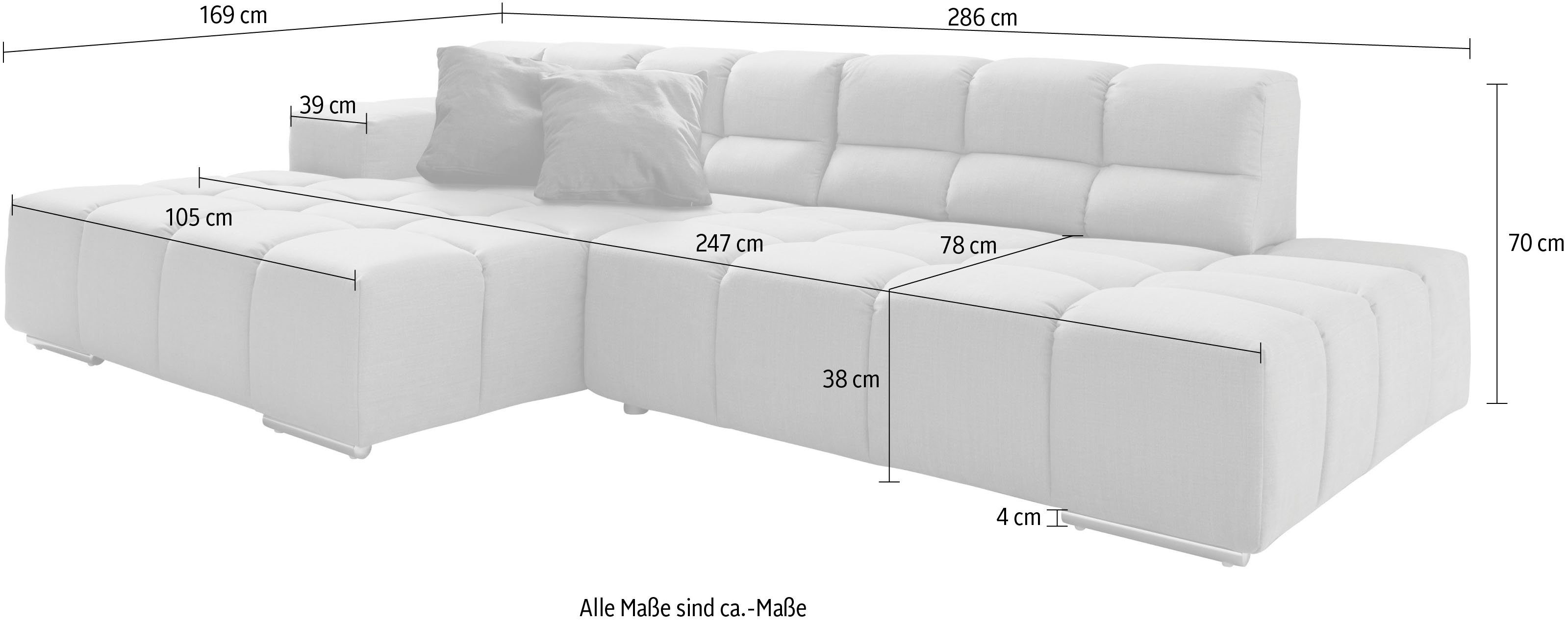 designwerk Hoekbank Temple L-Form, tolles Designsofa Recamiere links of rechts, met verstelling zitdiepte