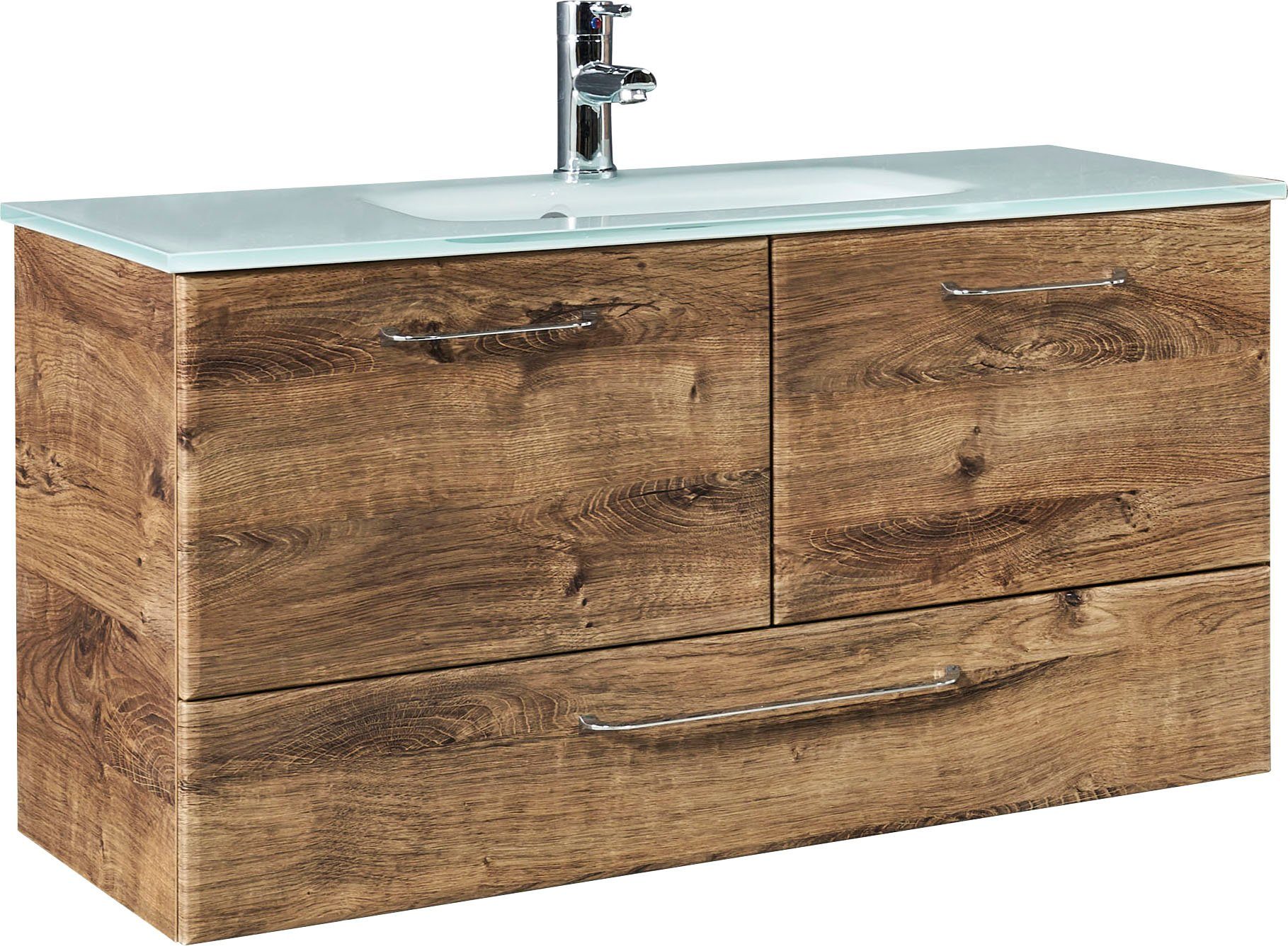 Saphir Wastafelonderkast Quickset glazen wastafel met onderkast, 99 cm breed, wastafel Grepen in glanzend chroom, inclusief deurdemper, 2 deuren, 1 lade