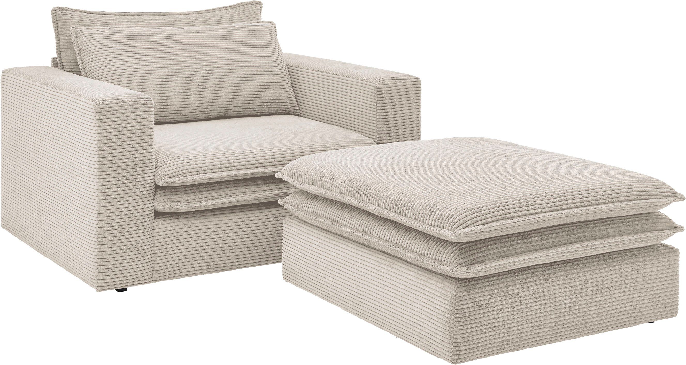 Places of Style Zithoek PIAGGE Hoogwaardige cord, fauteuil en hocker klein als set (2-delig)