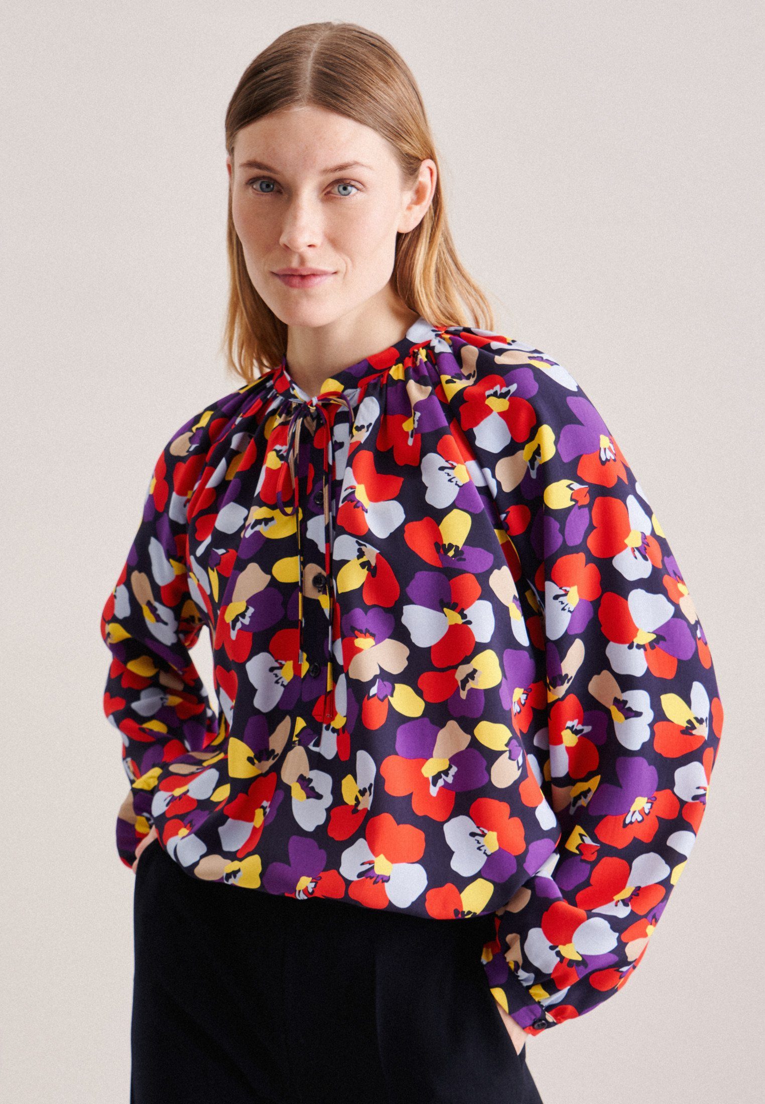 seidensticker Klassieke blouse Zwarte roos Lange mouwen kraag print dames lange blouses maat XXL (44) blauw