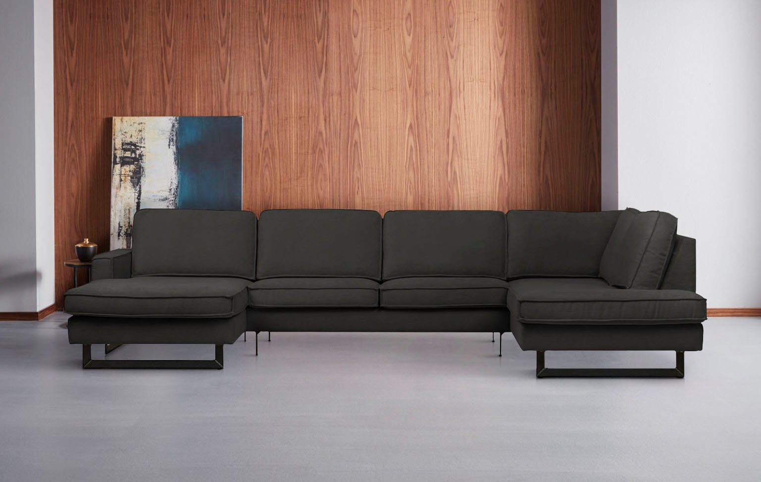 Places of Style Zithoek Pinto, 350 cm, U-vorm, XXL, met ottomanen Cord, chenille, leerlook, met bies, metalen voeten, golfondersteuning