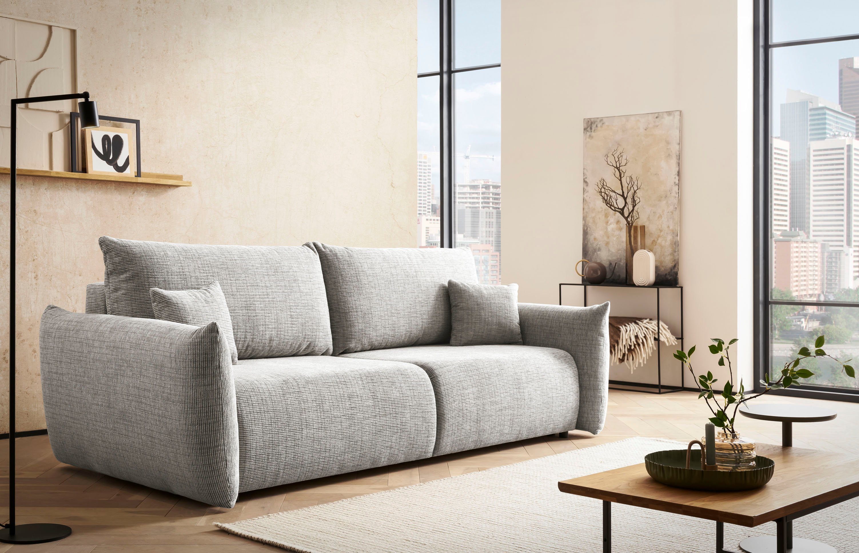 INOSIGN 3-zitsbank MAVAS slaapbank met bedlade ca. 240/108 cm (ligoppervlak 212/145 cm), ribfluweel, chenille, structuur