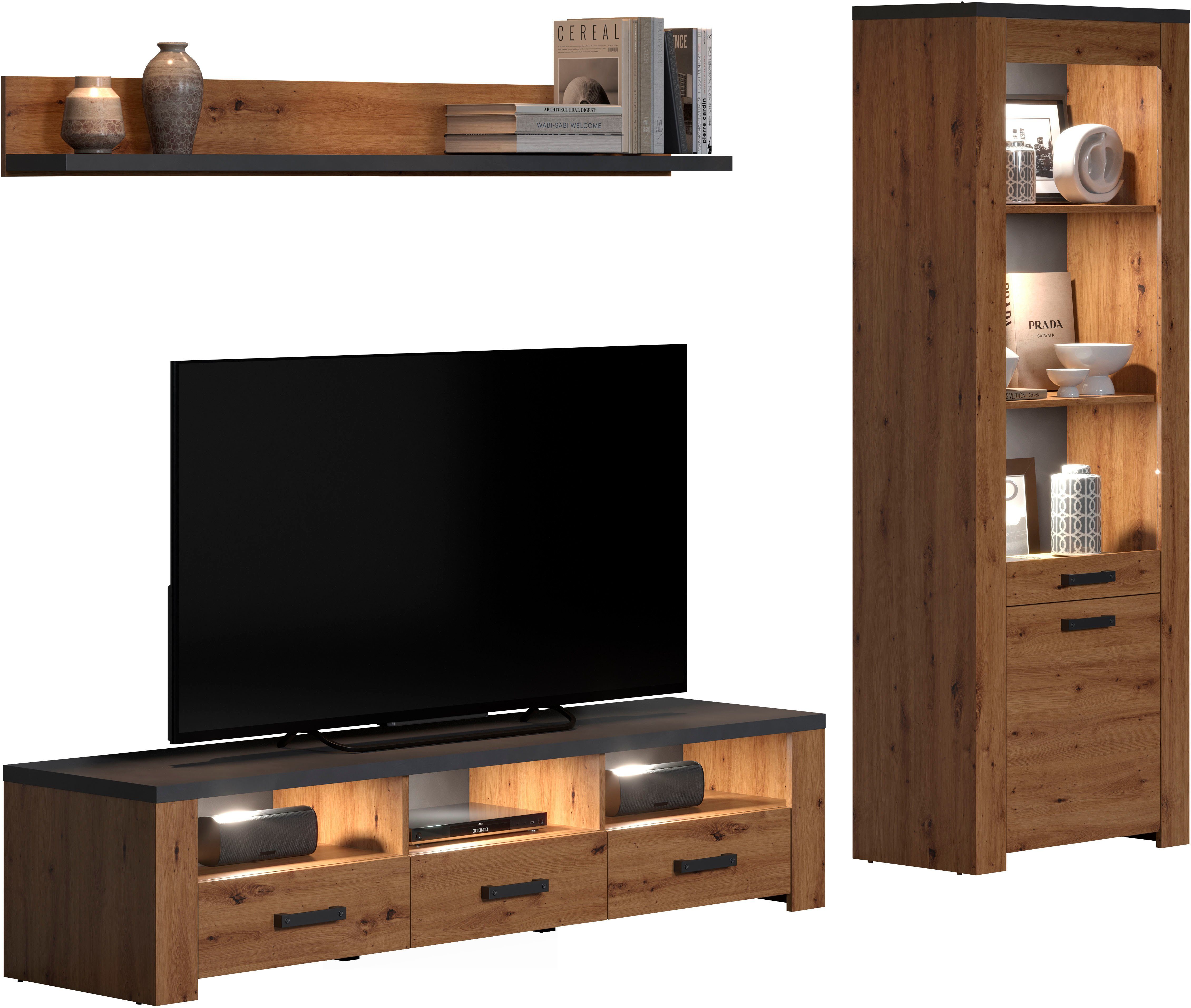 Home affaire Tv-wandmeubel Ambres Kleine, moderne tv-set, look van echt hout, breedte ca. 268 cm, mat (3-delig)