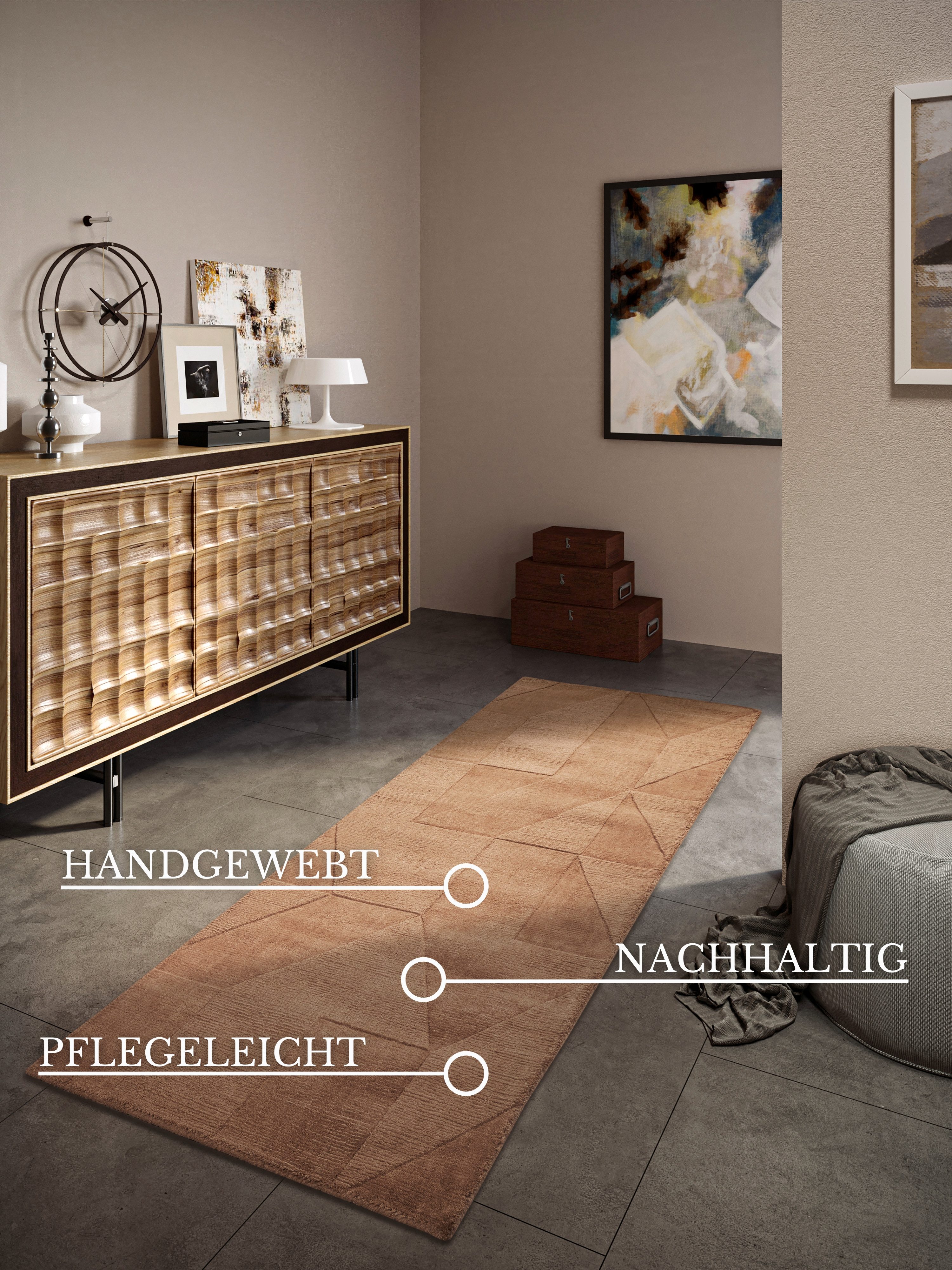 Villeroy & Boch Wollen kleed Ursule Loper, handgeweven, wol, natuur, woonkamer, geometrie, boho
