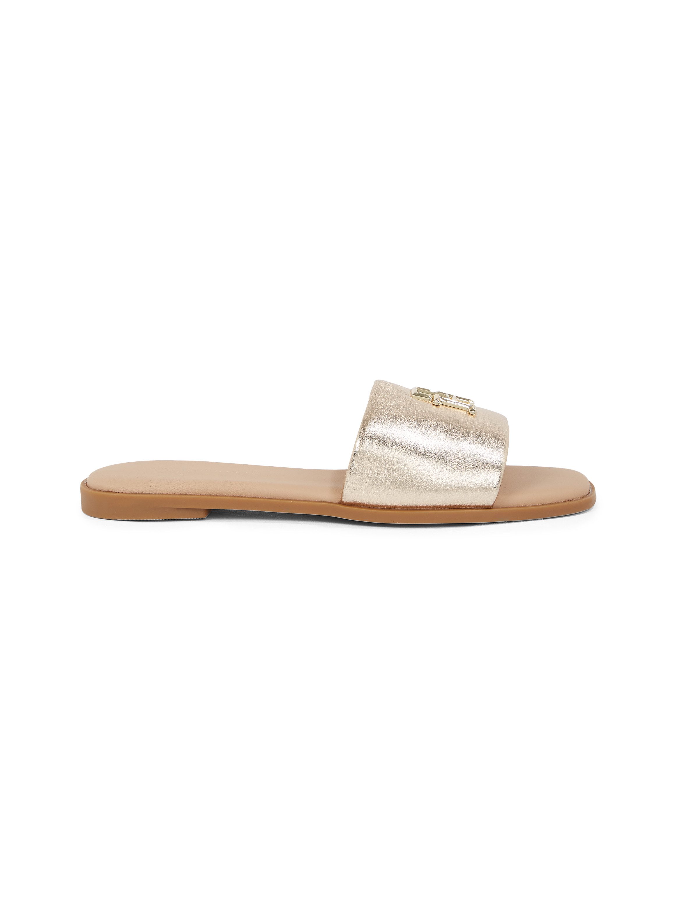 Tommy Hilfiger Slippers TH LOGO HW METALLIC LEATHER MULE , zomerschoen, flats, comfortabele schoen met th-sieraandeel