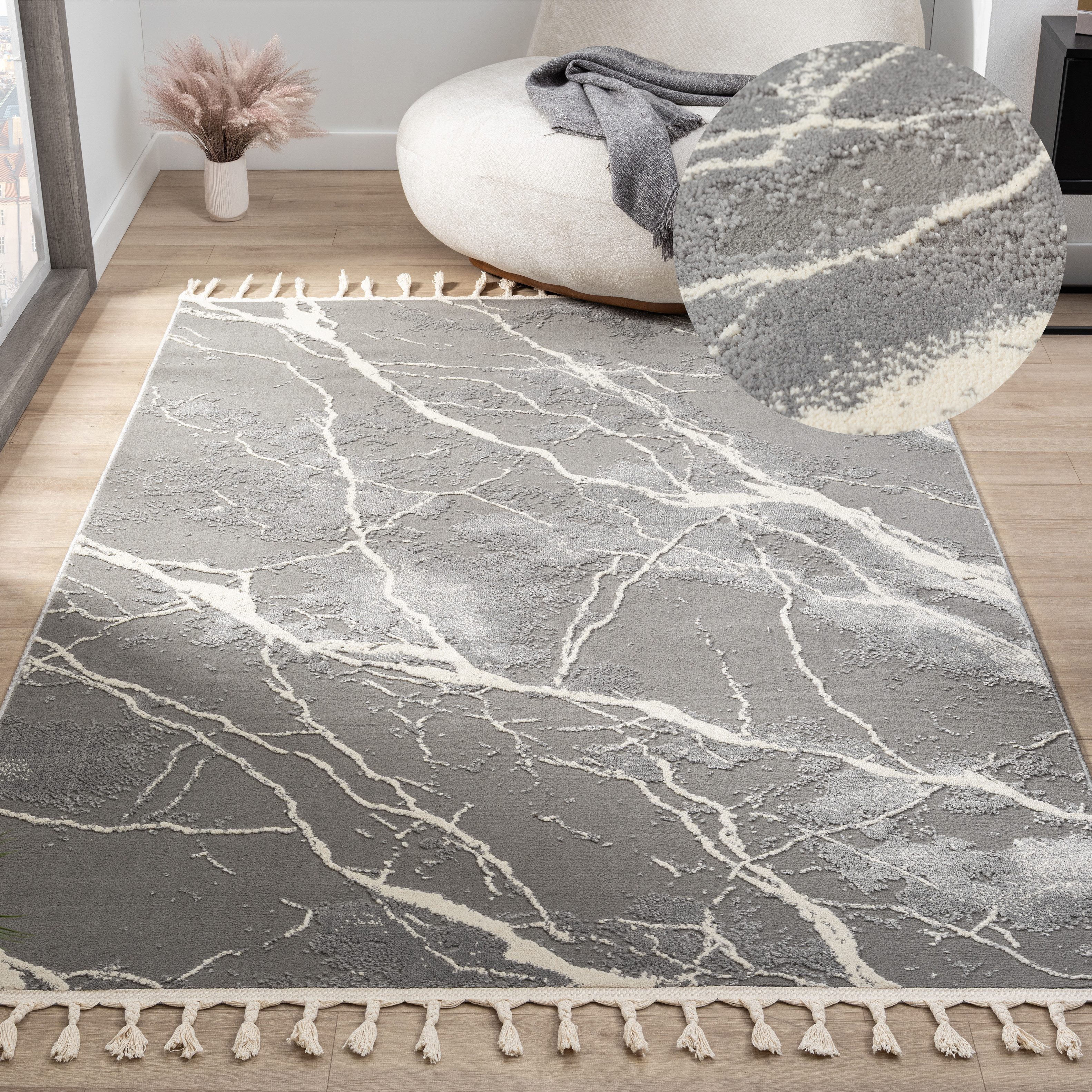 my home Vloerkleed Zoe met franjes, modern marmerdesign, woonkamer, slaapkamer, moderne vloerkleden maat 7 grijs