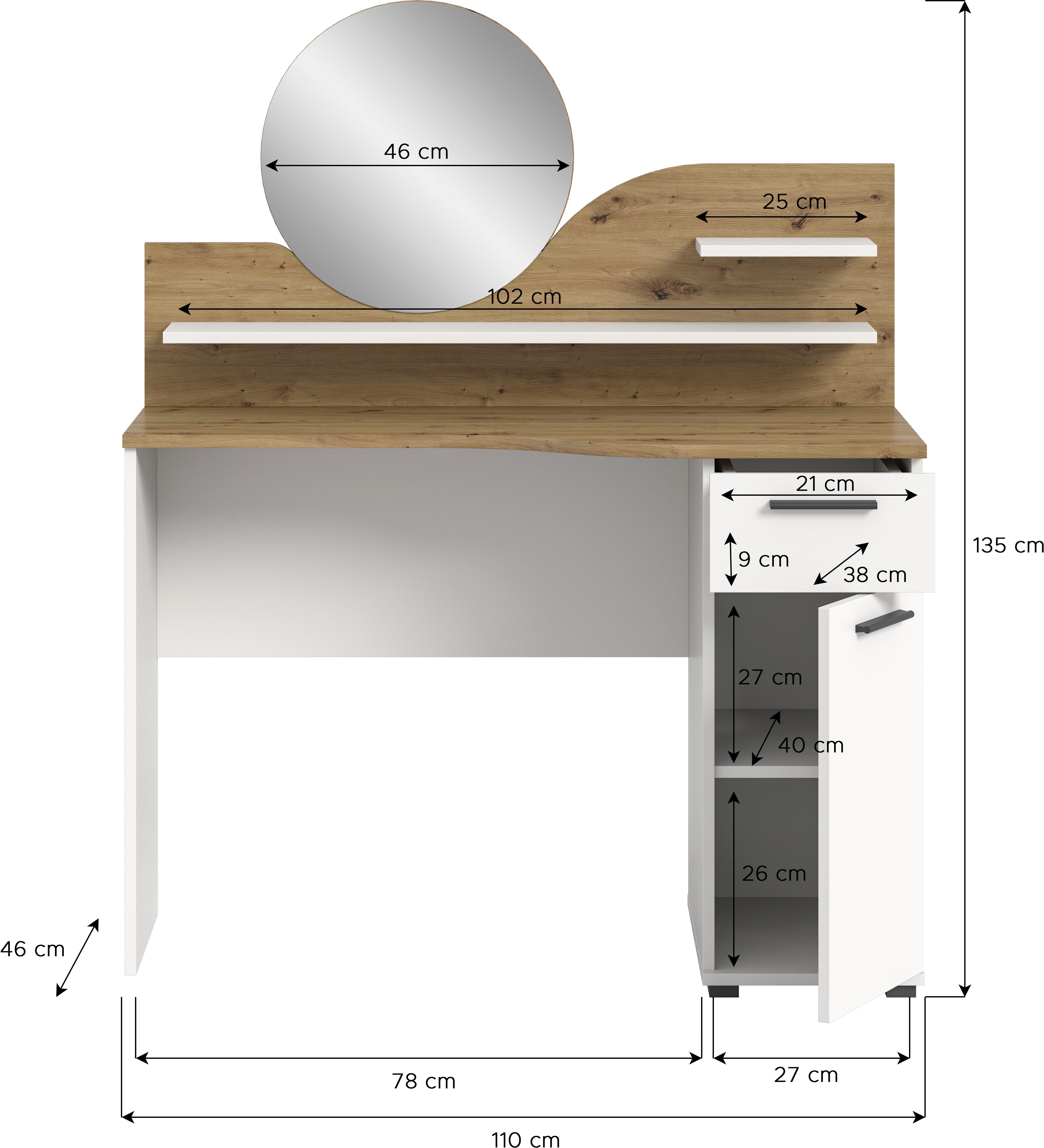 INOSIGN Sidetable Hegomi, Breedte 110 cm, 1 deur, 1 lade, 2 legplanken, 1 spiegel