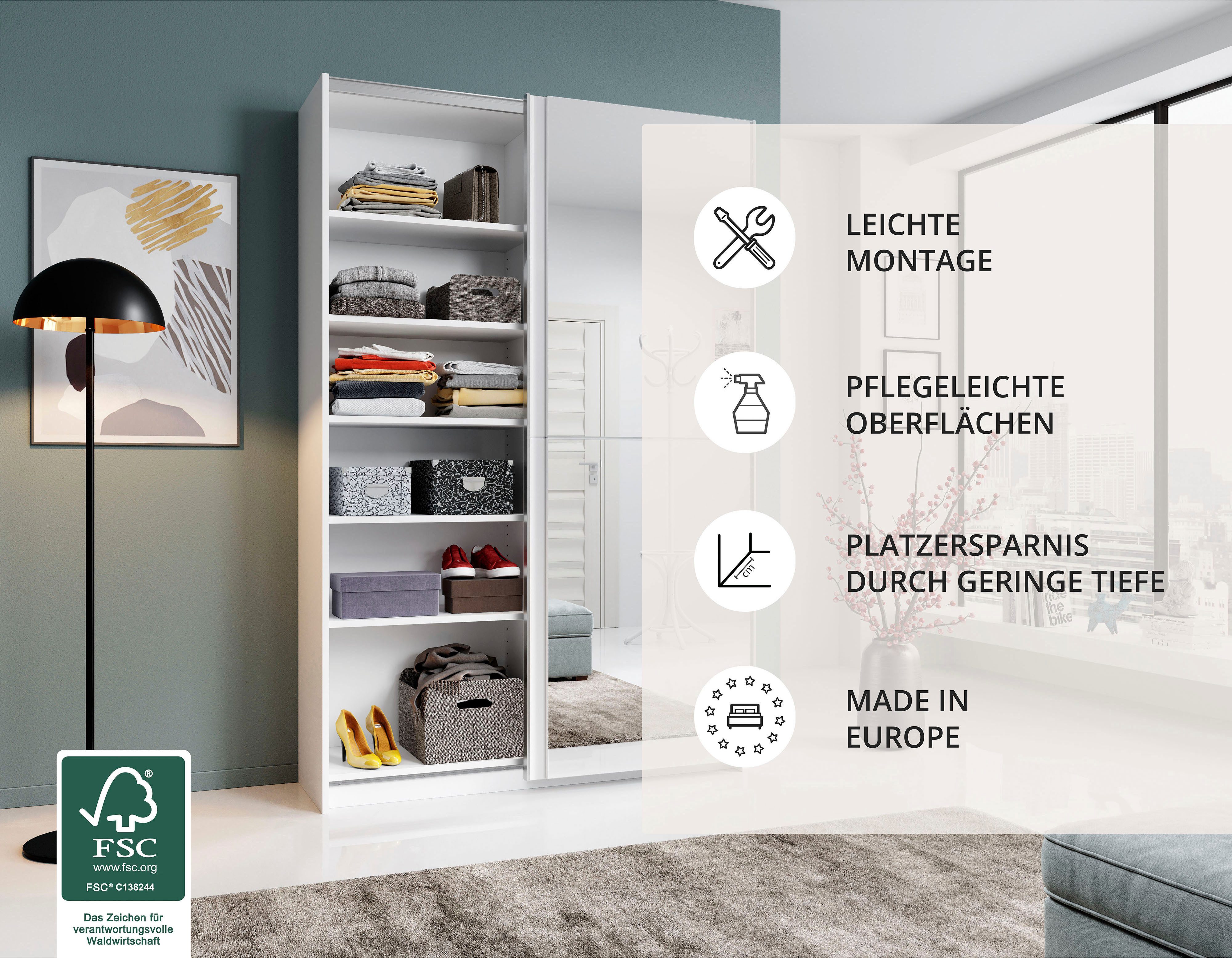 Schlafkontor Zweefdeurkast Heimo / Fast Kast Kledingkast Garderobe weinig diepte, uitschuifbare kledingstang, garderobekast, 6 planken