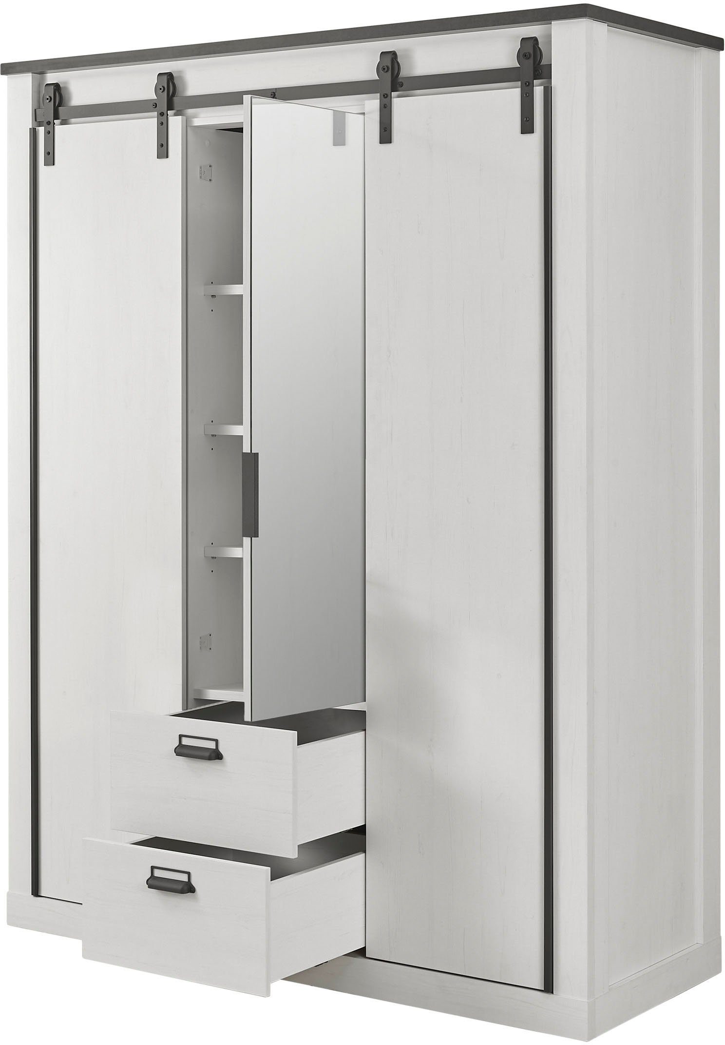 Home affaire Kledingkast SHERWOOD slaapkamerkast met spiegel, 2 lades, linn kast Schuifdeuren met schuurdeur beslag van metaal, B/D/H 161/63/209cm