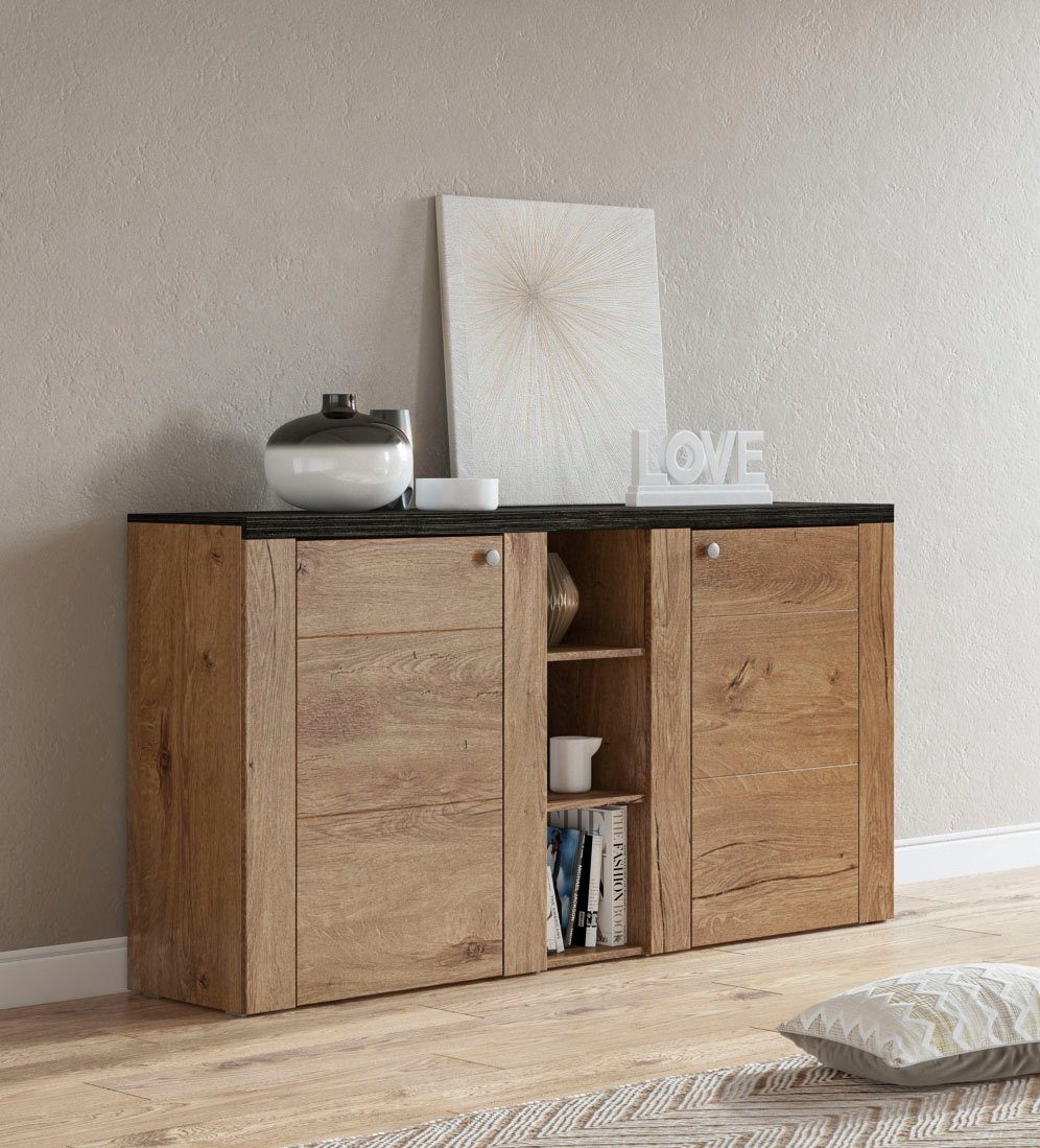 Home affaire Dressoir Larona, tijdloze commode met 2 deuren, deurkast, breedte 155 cm, Hoogte 84 cm, veel opbergruimte, dressoir met decoratieve lijstlook