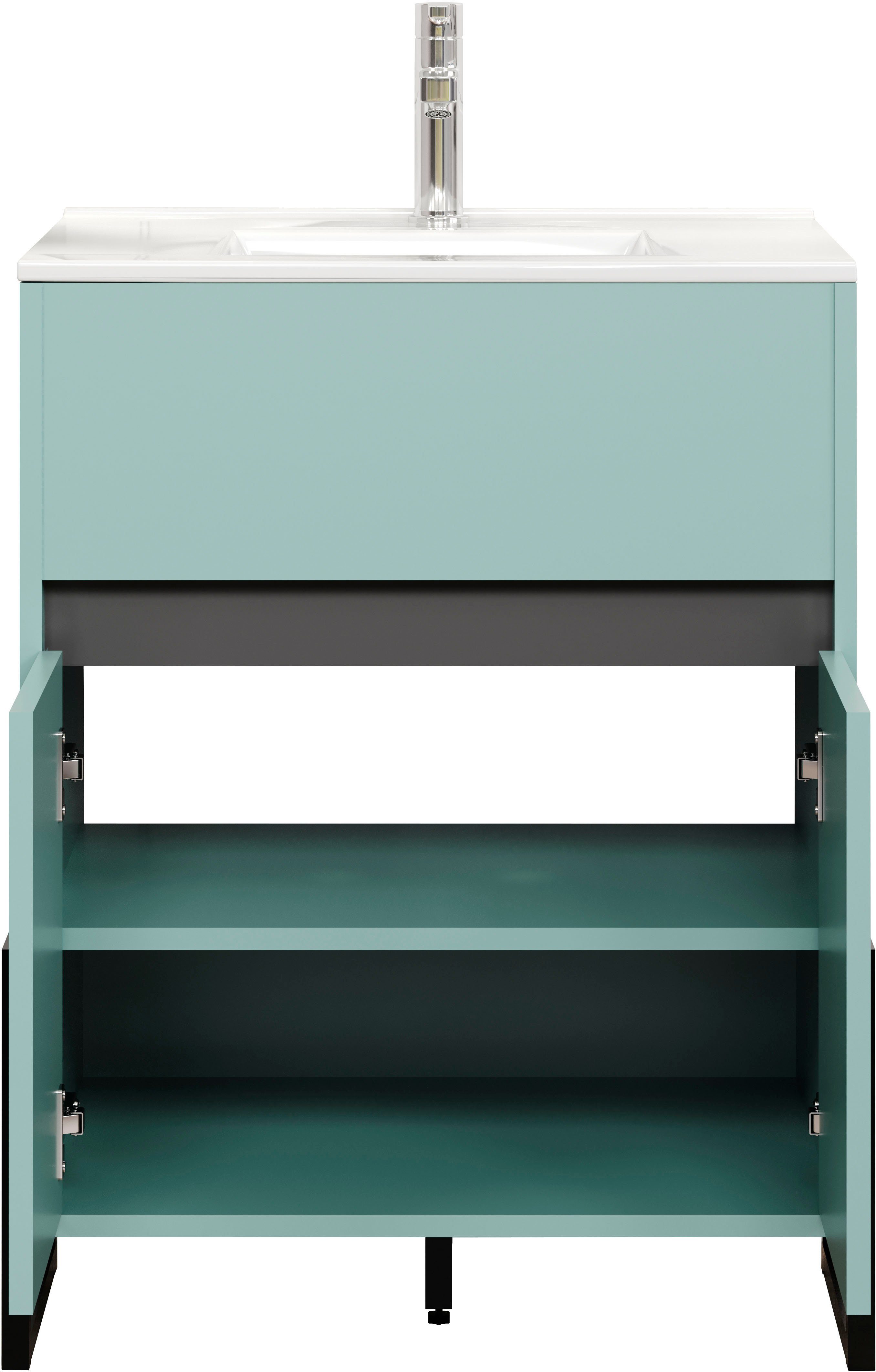 welltime Wastafelonderkast Malcesine Wastafel met metalen frame in turquoise - Met 60 cm witte wastafel