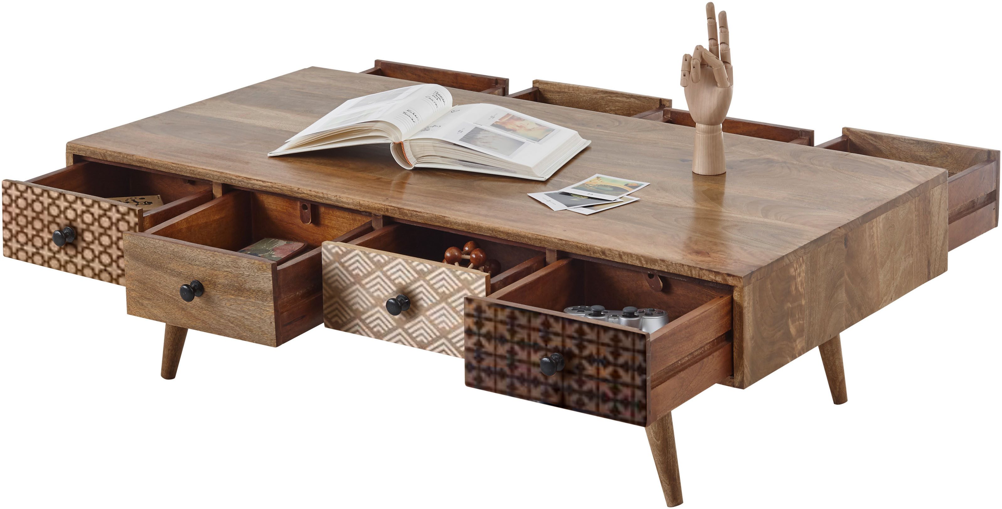 Stolkom Salontafel Shari salontafel met lades, massief hout BxHxD 117x36x60 cm Massief mango hout, 8 lades met verschillende gemusterde fronten
