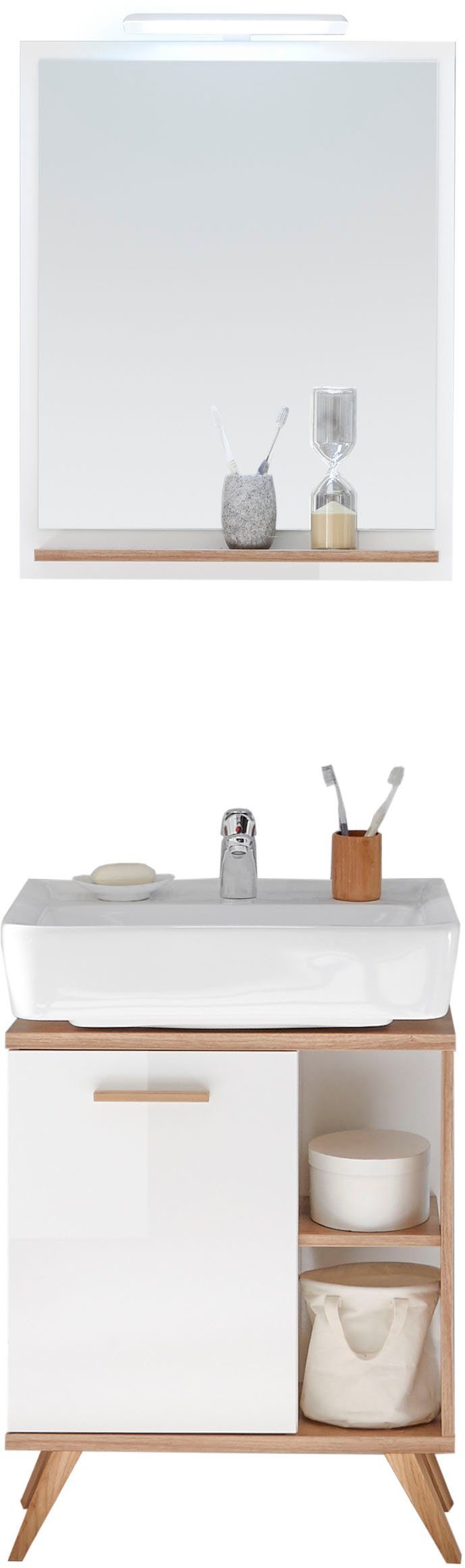 Saphir Badkamerserie Quickset 2-delig, wastafelonderkast met led-spiegel Wastafelmeubel inclusief deurdemper, 60,5 cm breed, 1 deur, opzij legplanken (3-delig)
