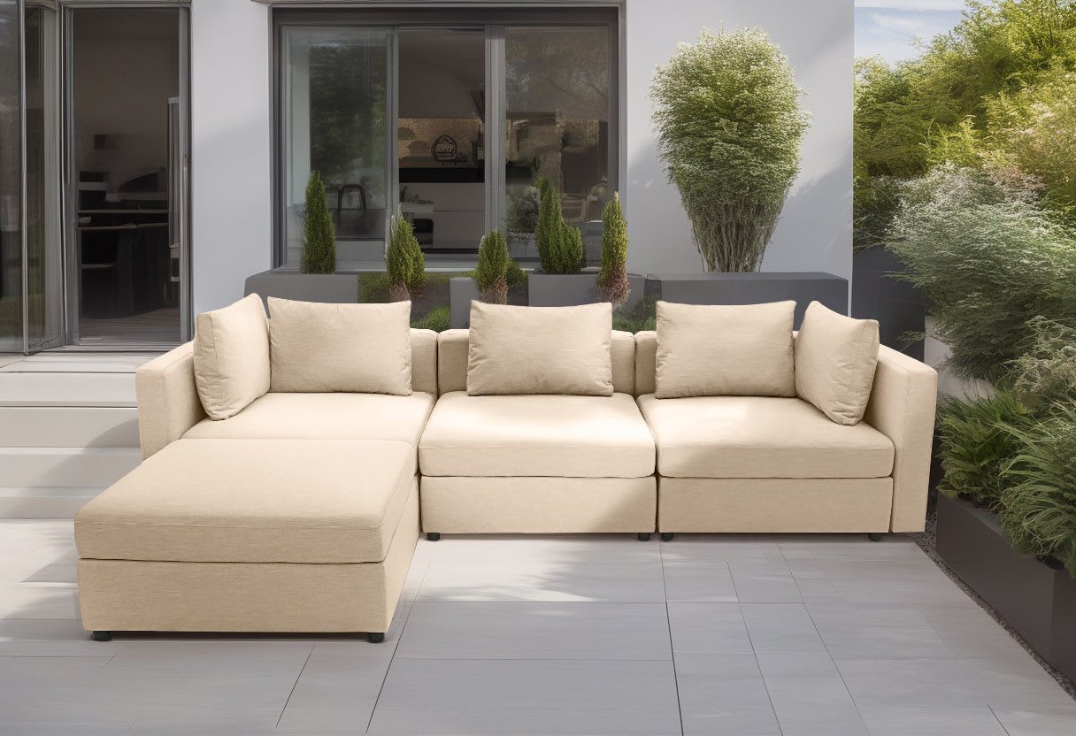 DOMO collection Hoekbank Solskin, individueel uitbreidbaar/combineerbaar L-vorm met losse kussens. rug- en zijpanelen als steeksysteem. beige,
