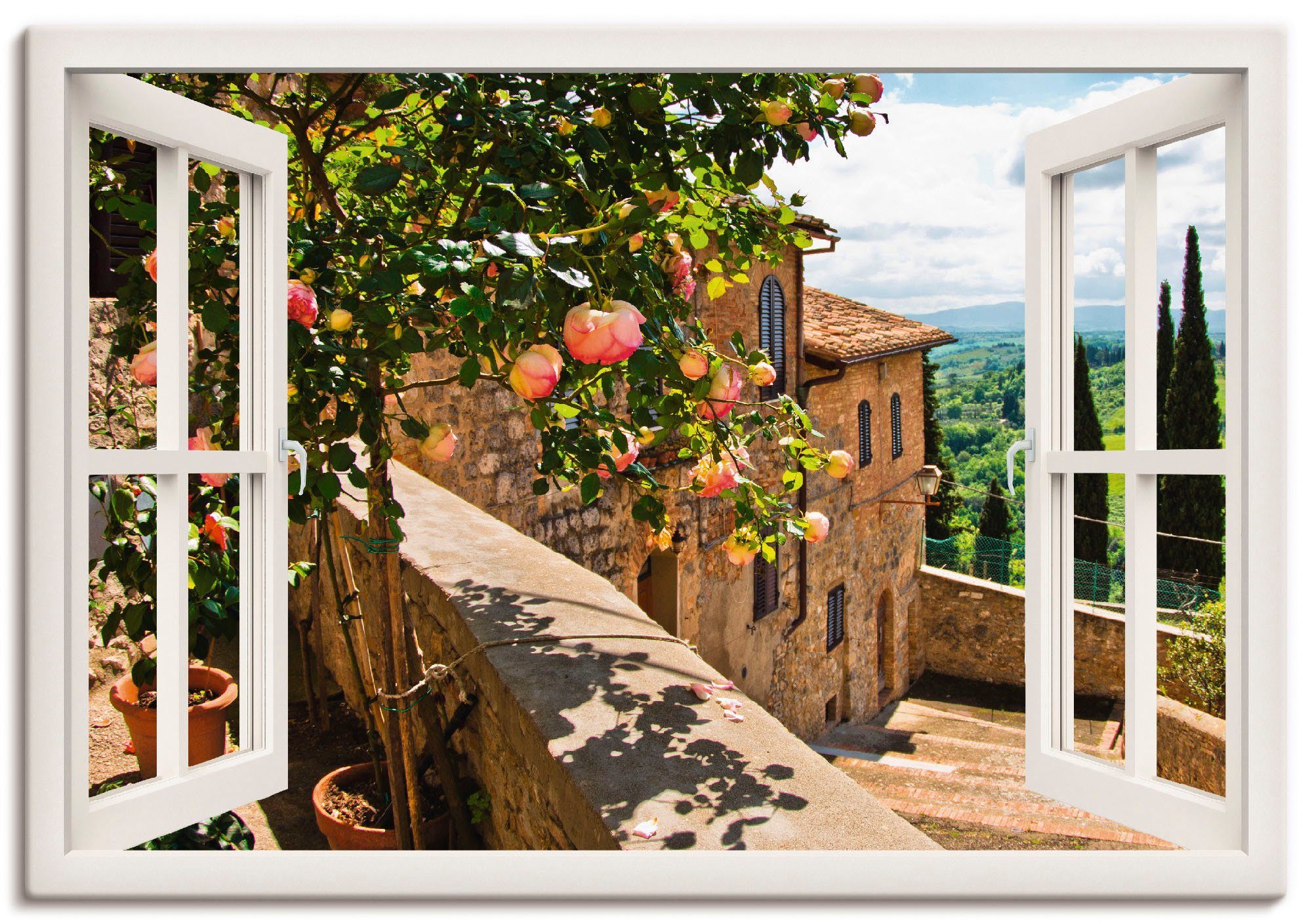 Artland Artprint Blik uit het venster rozen op balkon Toscane in vele afmetingen & productsoorten - artprint van aluminium / artprint voor buiten, artprint op linnen, poster, muurs