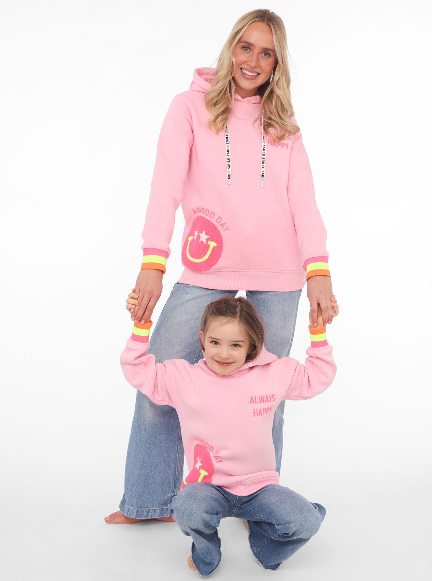 Zwillingsherz Hoodie Always Happy met smiley-print van frotté en neon details