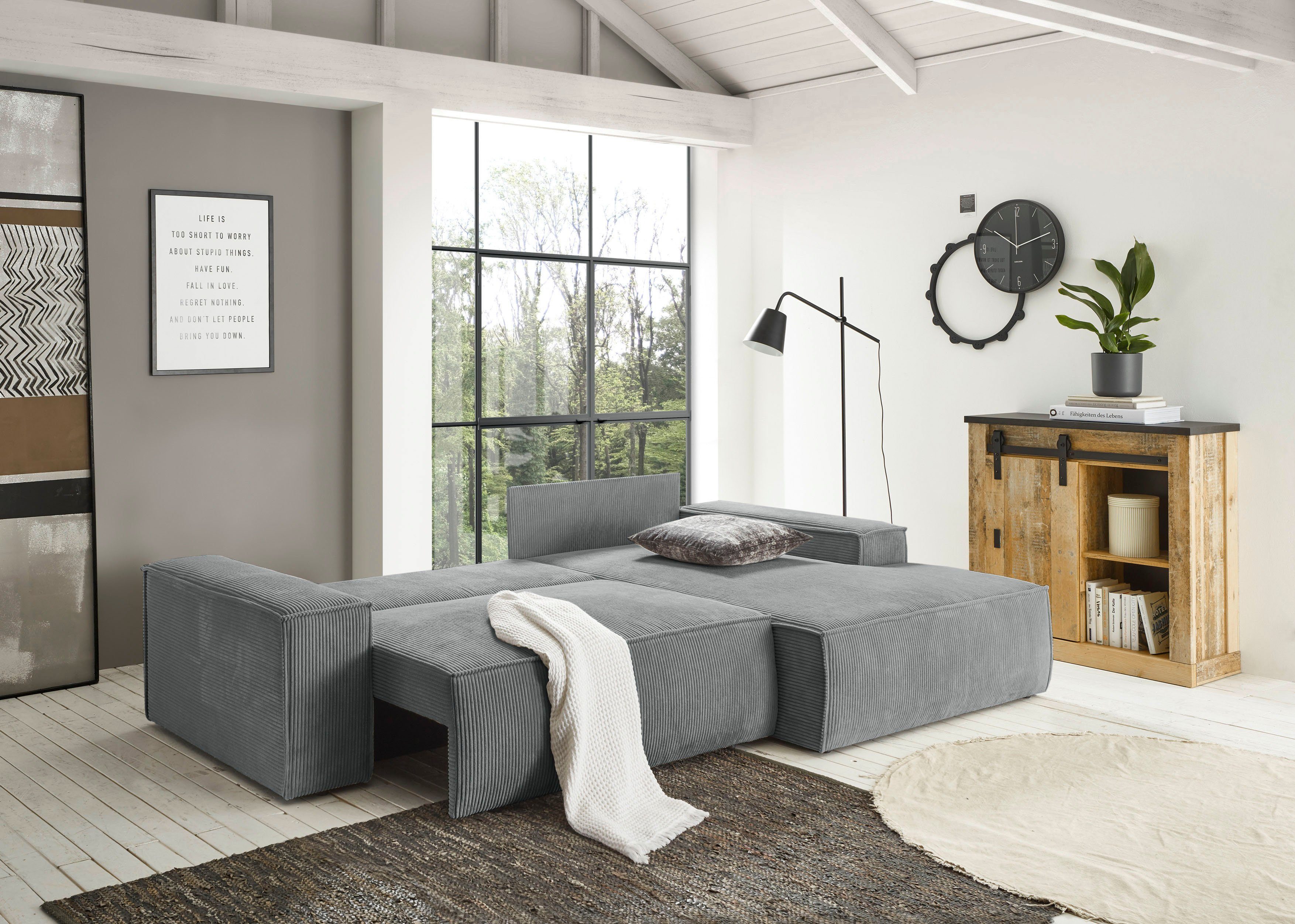 Home affaire Hoekbank SHERWOOD bedbank 267 cm, L-model, Slaapfunctie met bedlade (210x136 cm), cord, vintage, fluweel