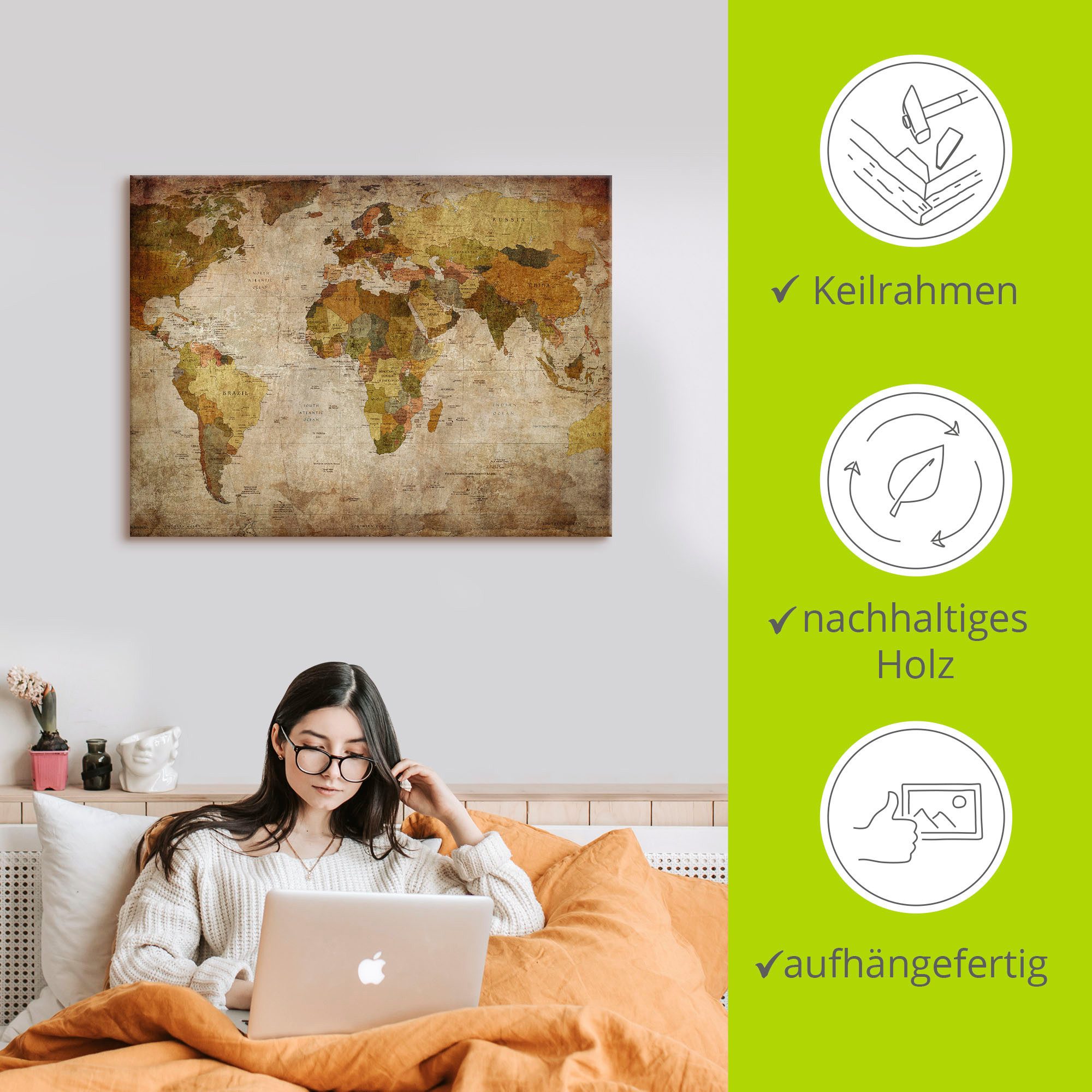 Artland Artprint Wereldkaart als artprint van aluminium, artprint voor buiten, artprint op linnen, poster, muursticker
