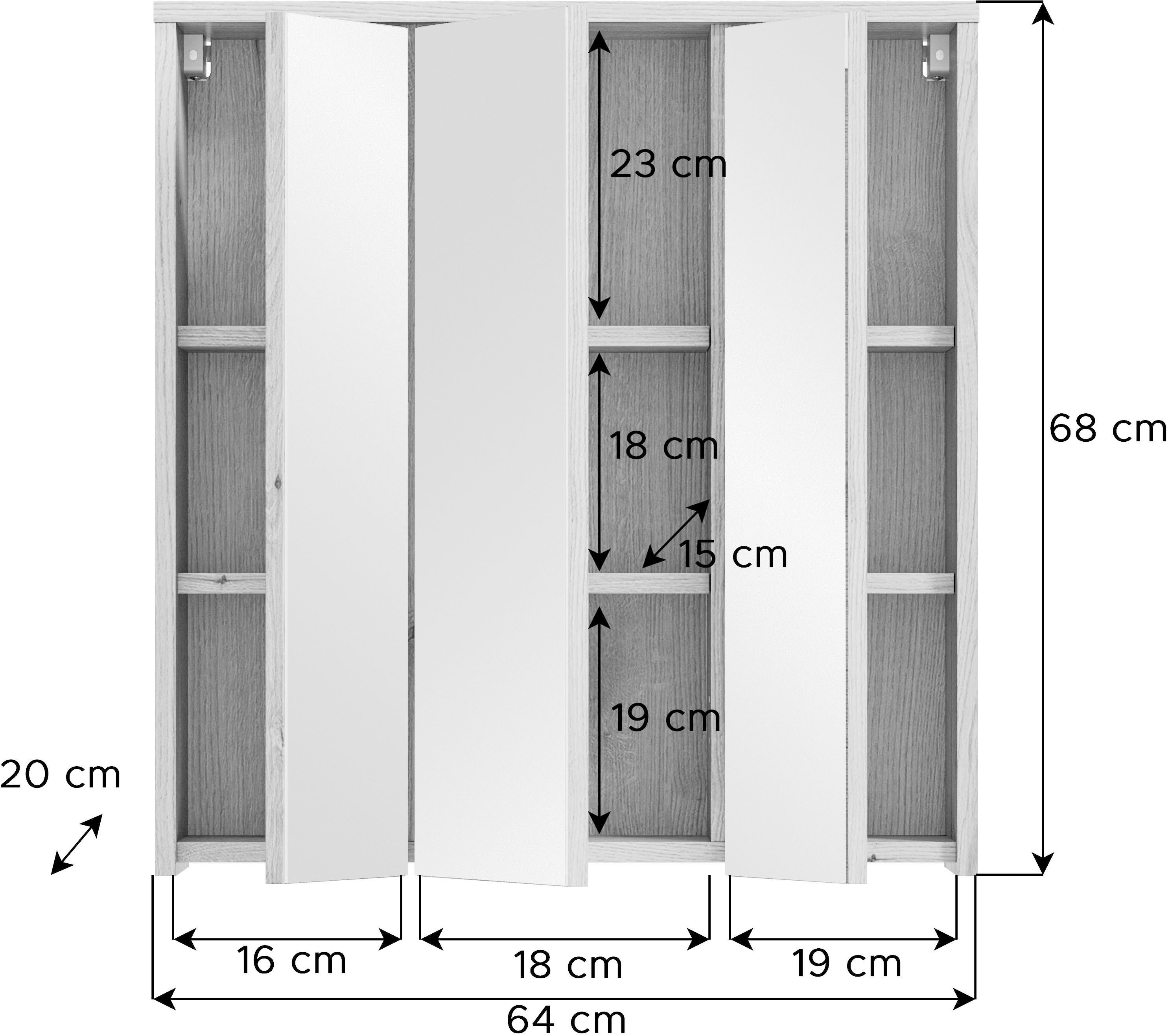 welltime Spiegelkast Kayu, breedte 64 cm, 3 spiegeldeuren, 6 planken