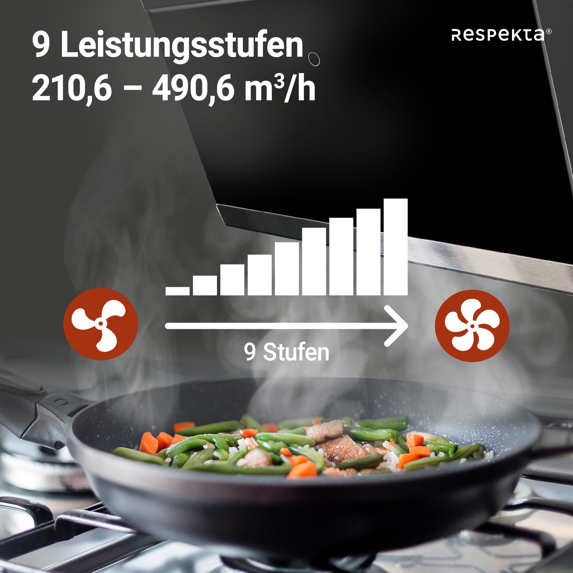 RESPEKTA Schuine wandkap CH89060S 60 cm, 9 vermogensniveaus, led-verlichting, geschikt voor afzuiging en recirculatie