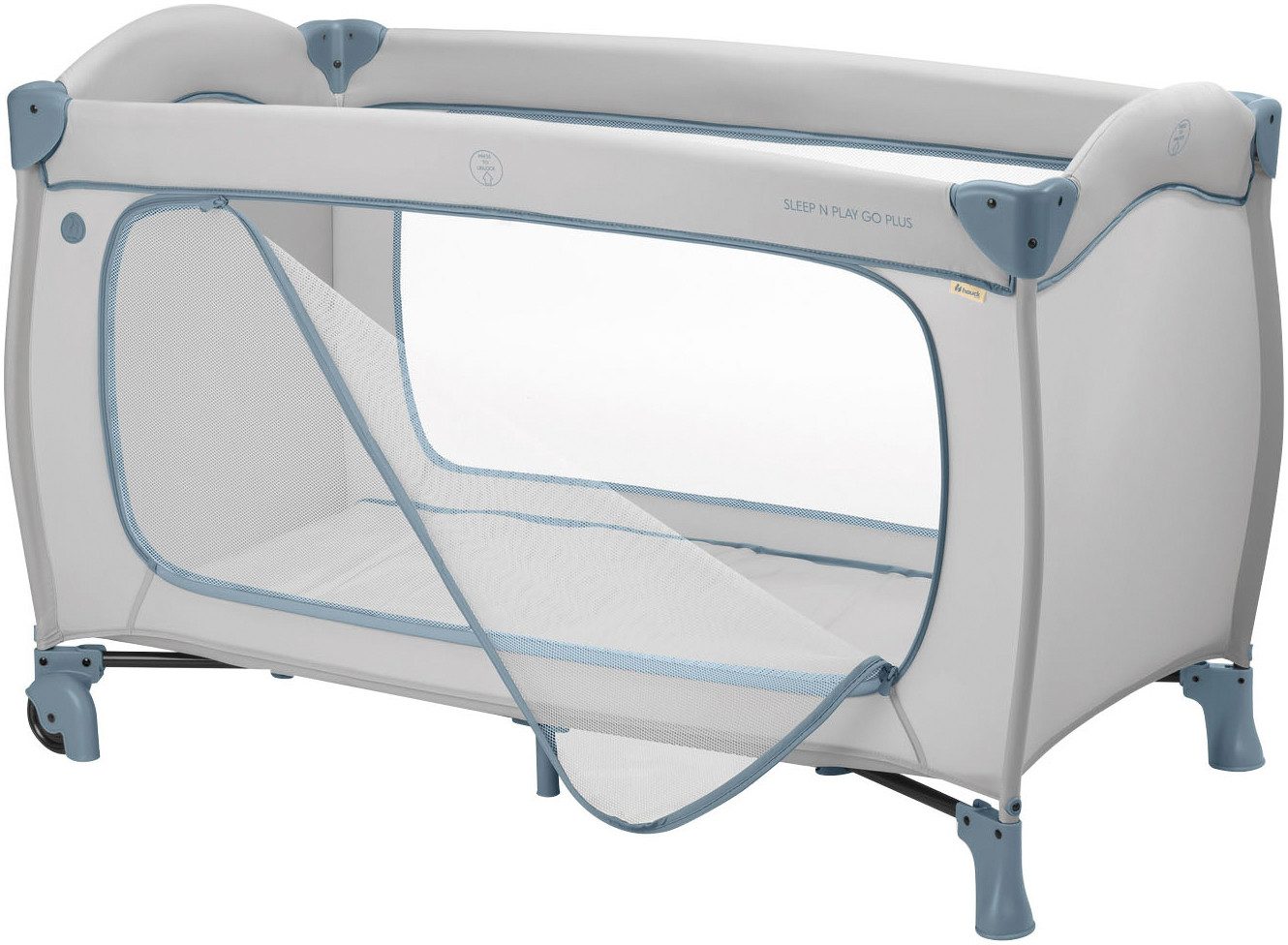 Hauck Baby-campingbed Sleep N Play Go Plus, Dusty Blue met geïntegreerde wielen, voorinstap