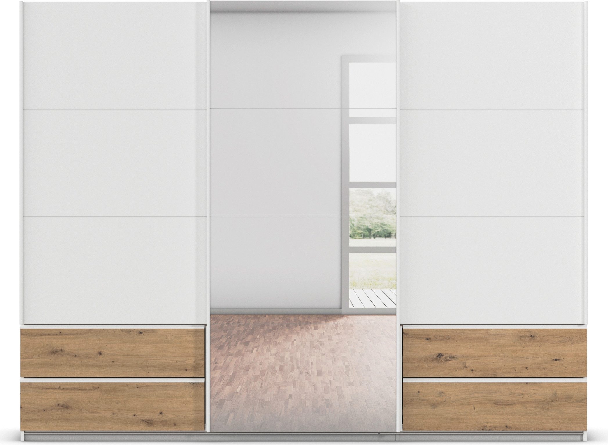 rauch Schuifdeurkast Kledingkast Kast Garderobe Wasmand ELARA met Spiegel praktische lades optioneel kleuraccent made in germany