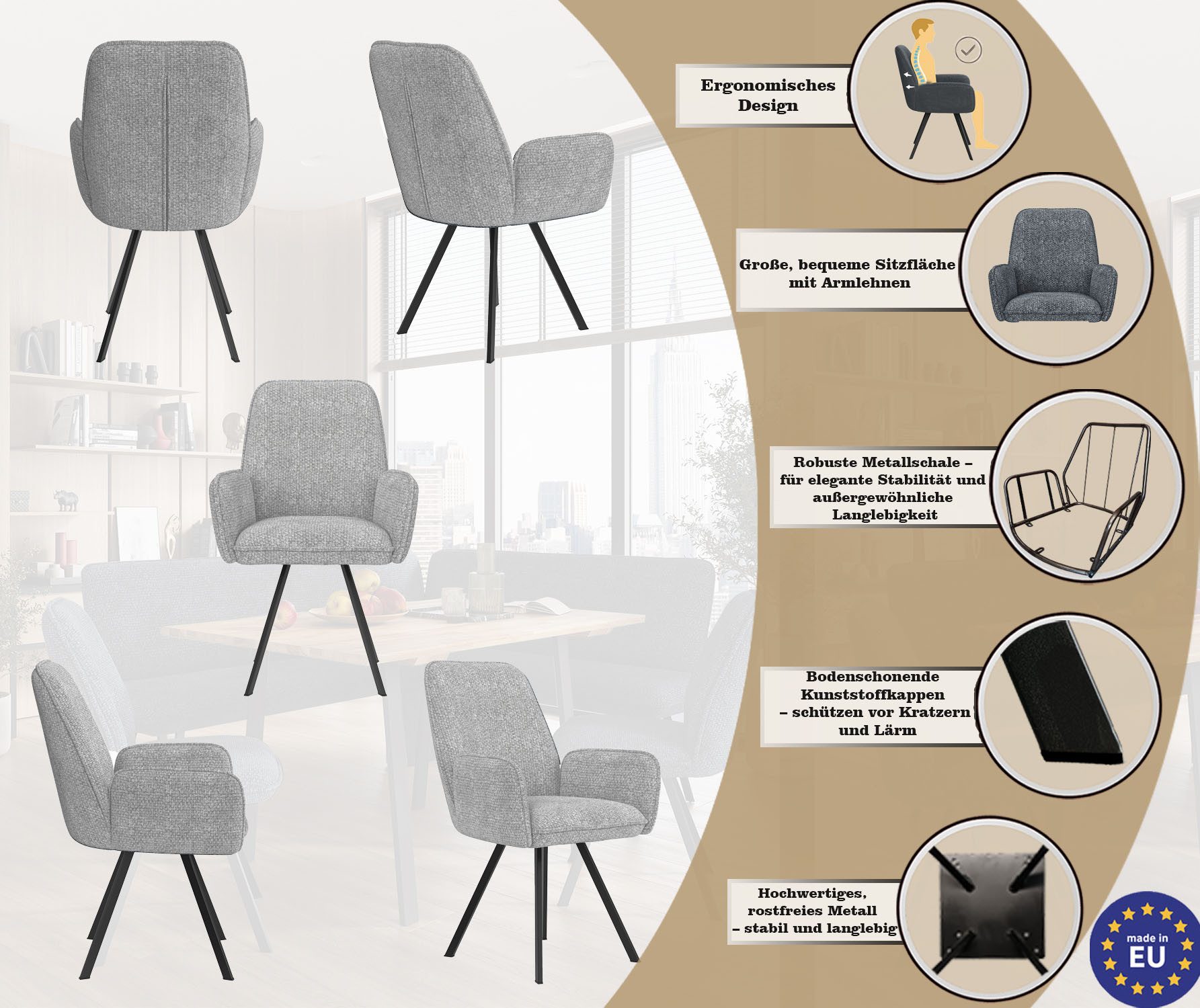 Home affaire Stoel met armleuningen Mily eetkamerstoel, gestoffeerde fauteuil, woonstoel, eetstoel met armleuningen (set, 2 stuks)