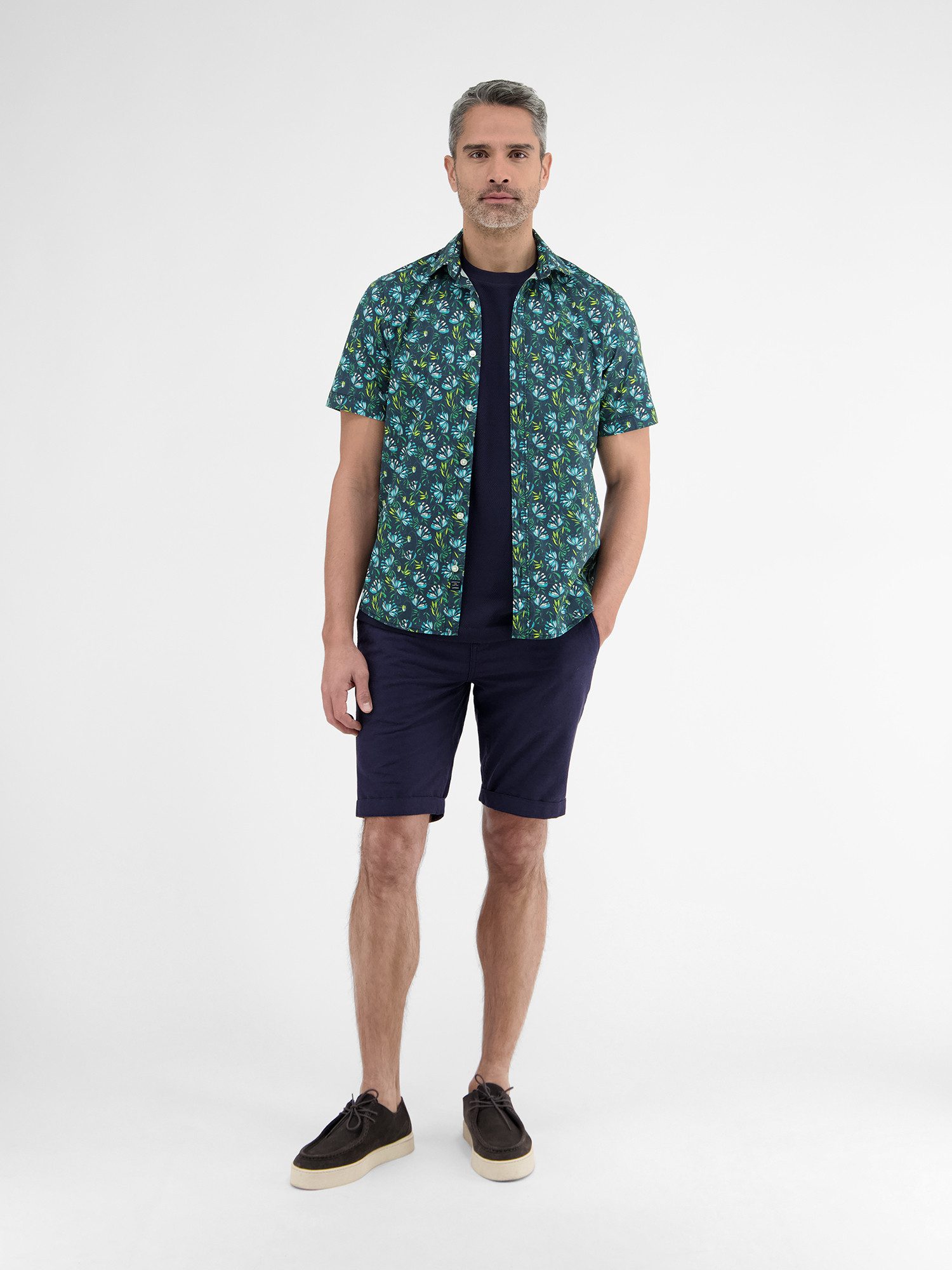 Lerros Overhemd met korte mouwen LERROS Heren poplin-stretch overhemd, bloemig gedessineerd