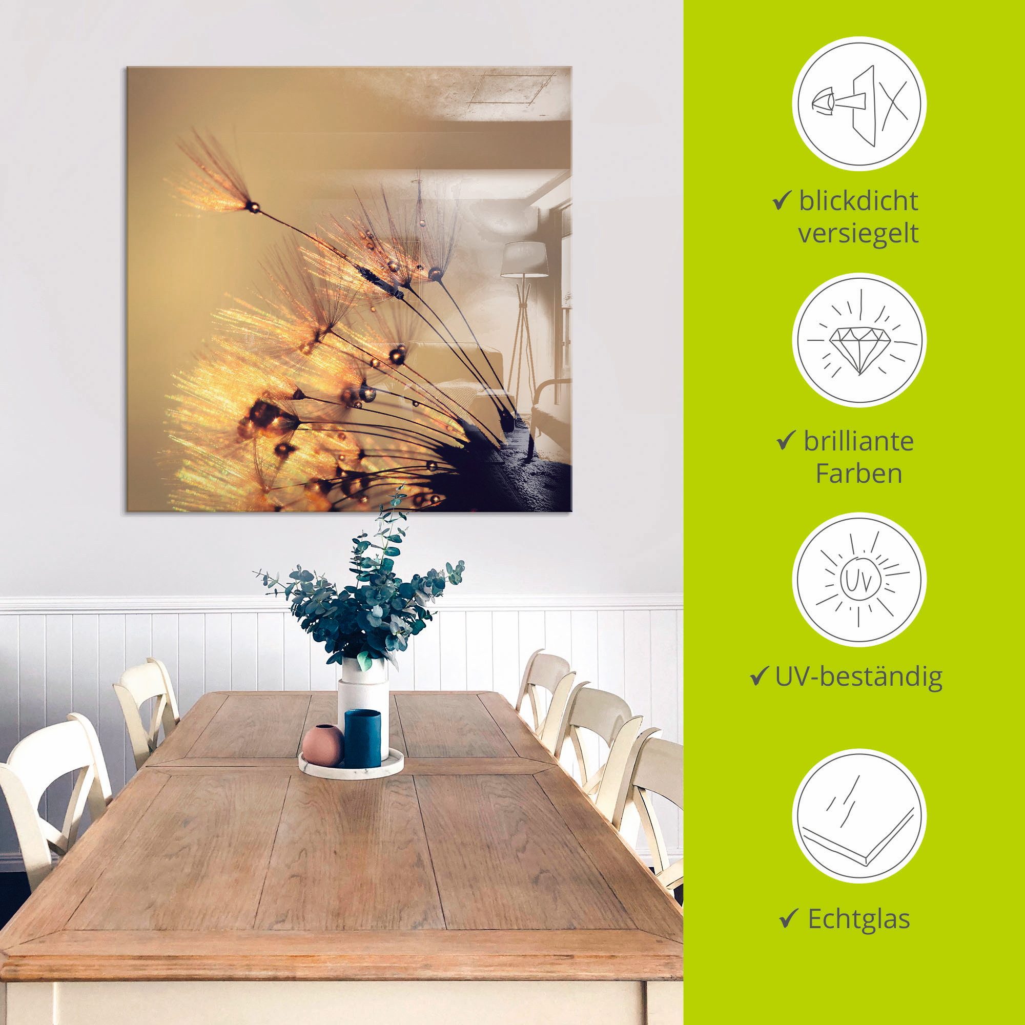 Artland Print op glas Pluizenbol goudkleurige pluimen