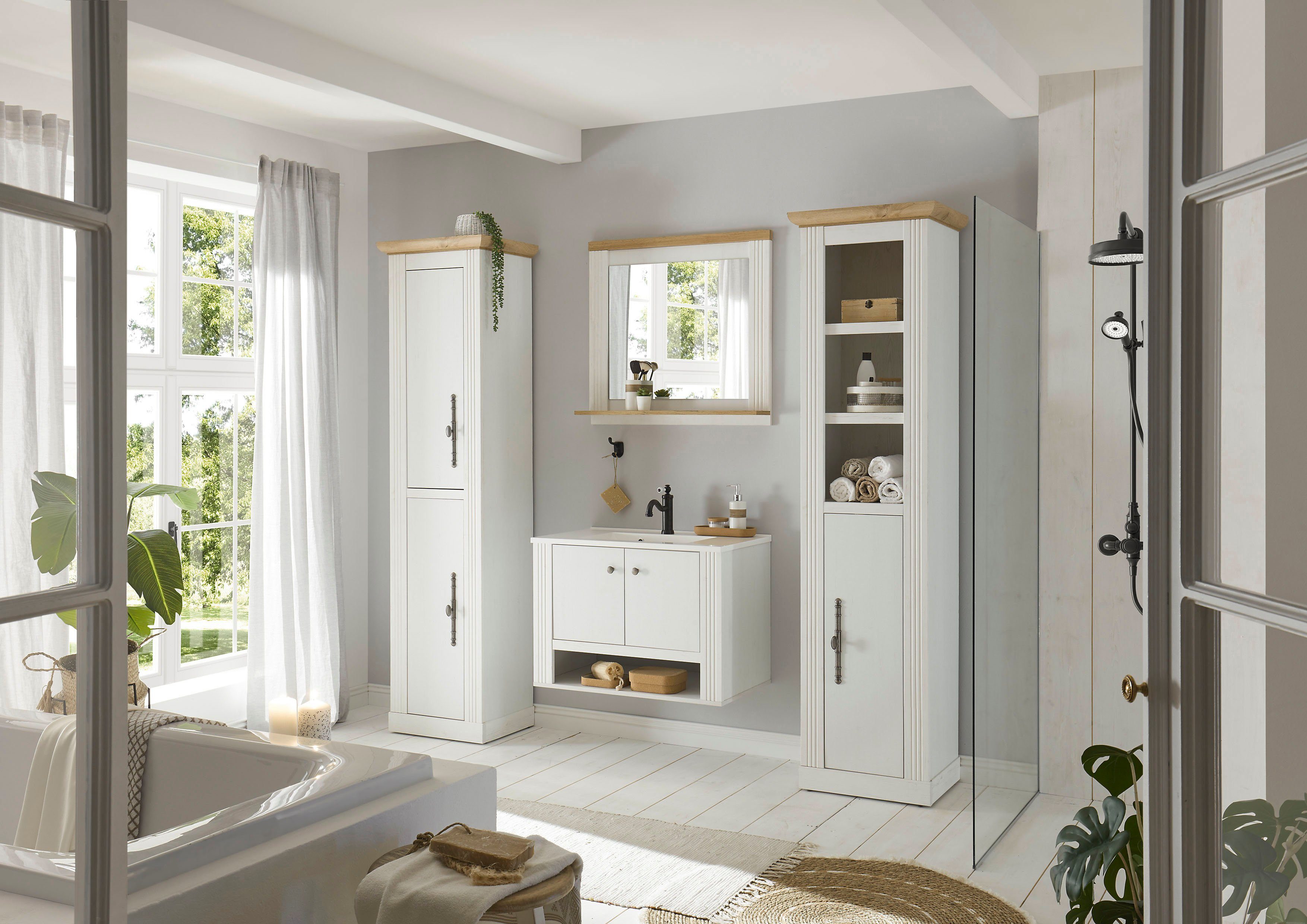 Home affaire Badkamerserie WESTMINSTER, badkamer in landhuisstijl, 4-delig badkamer Wand-wastafel, spiegel, 2 hoge kasten, in 2 kleuren, breedte 220 cm (4-delig)