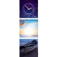 conni oberkircher´s beeld met klok blue and violet boat - verlaten boot aan het strand met decoratieve klok, zonsondergang, vakantie (set) multicolor