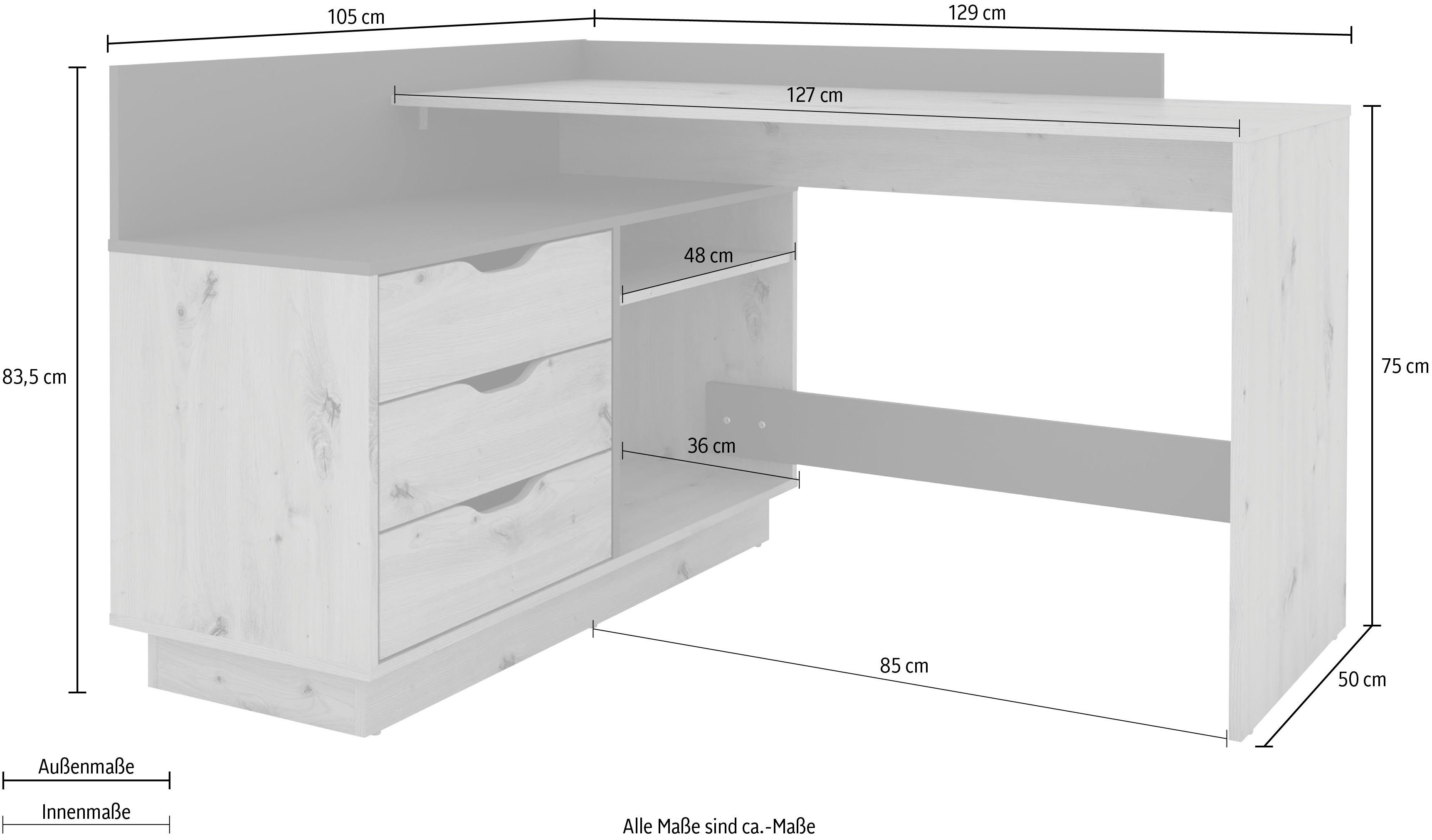 byLIVING Hoekbureau Bern met veel opbergruimte, breedte 129 cm, rechts of links monteerbaar