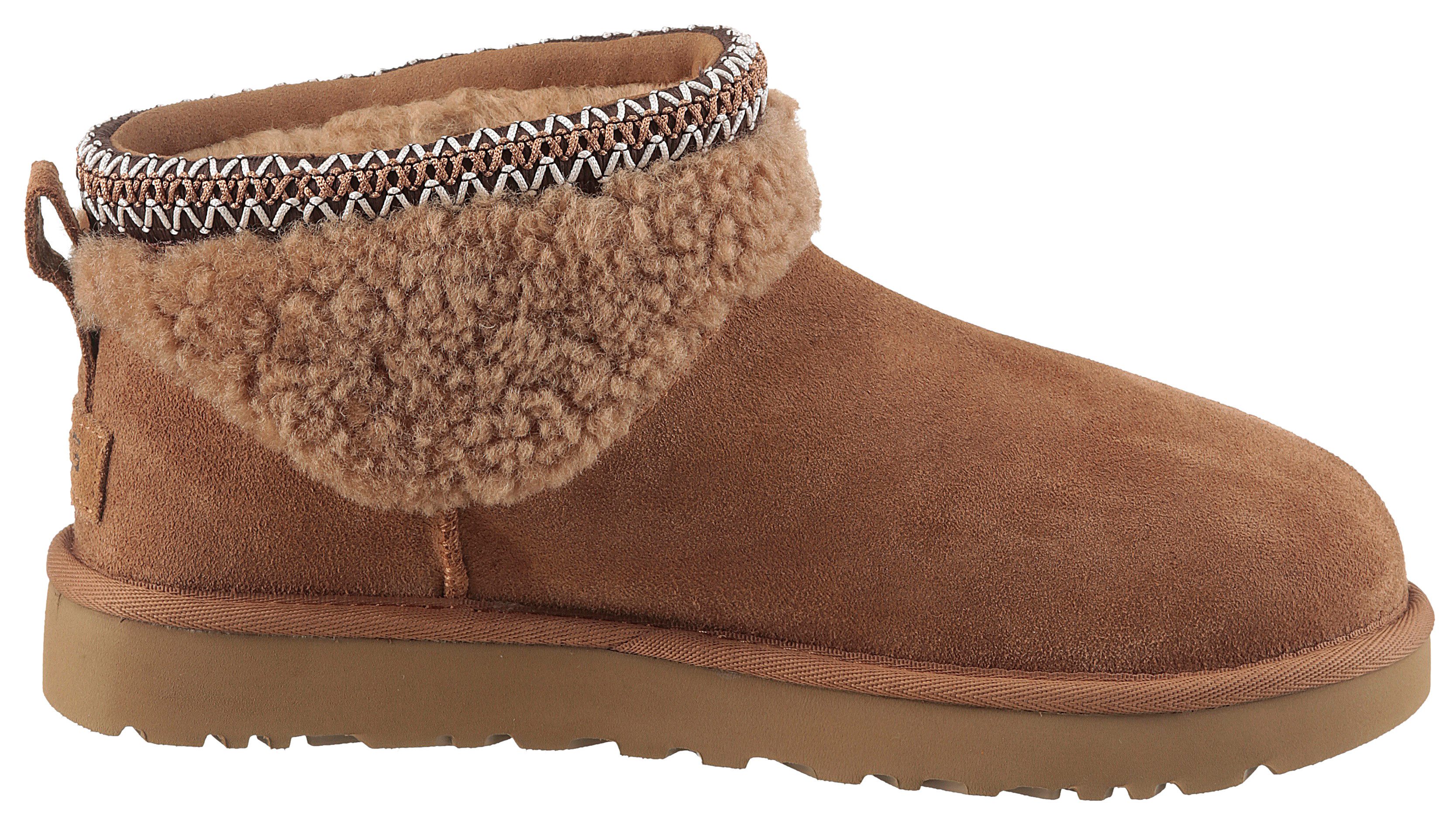 UGG Boots zonder sluiting CLASSIC ULTRA MINI MAXI CURLY winterlaarzen, snowboots met etnische textielband aan de schacht