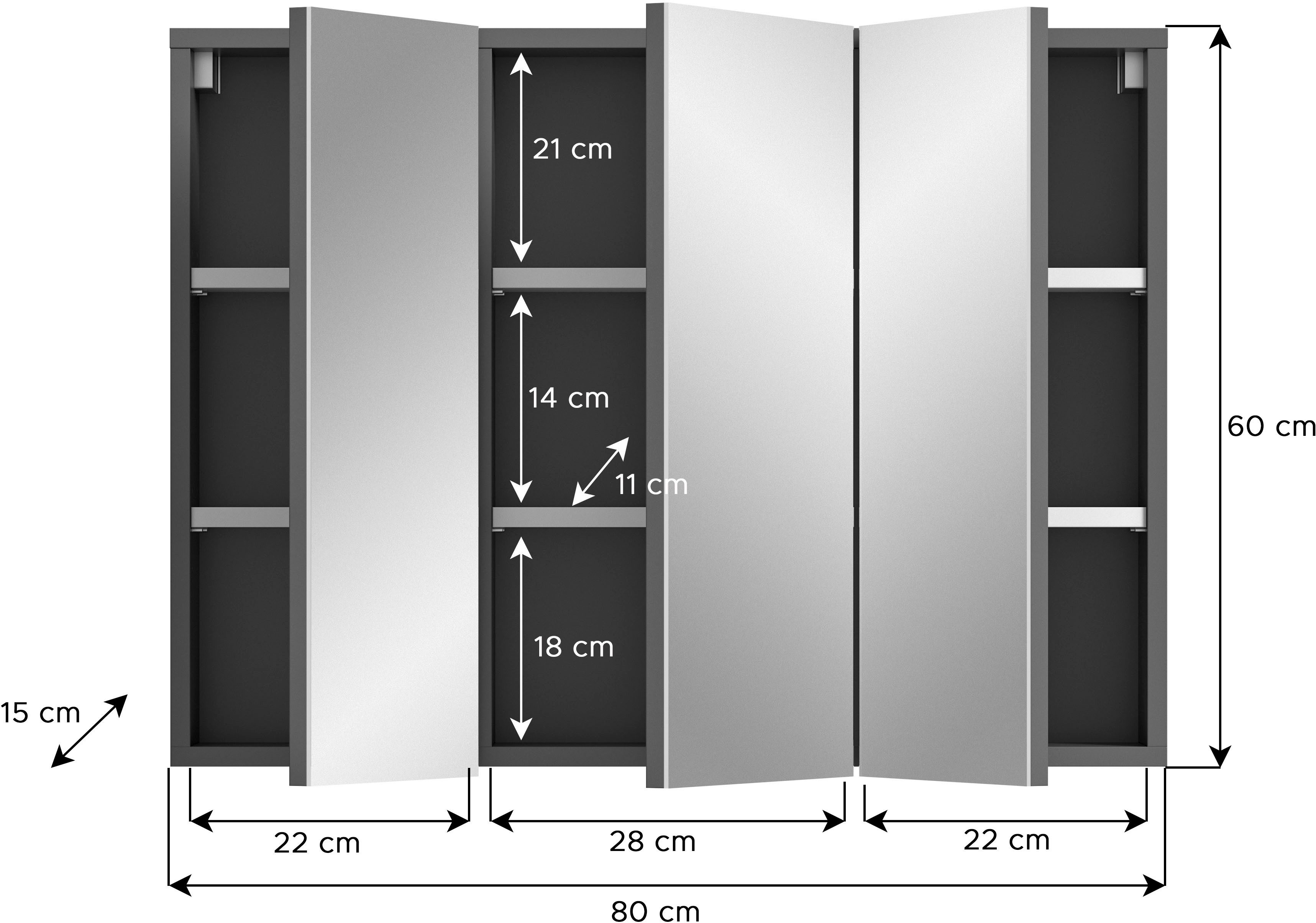 welltime Spiegelkast Doux, breedte 80 cm, 3 spiegeldeuren, 6 planken, 9 vakken