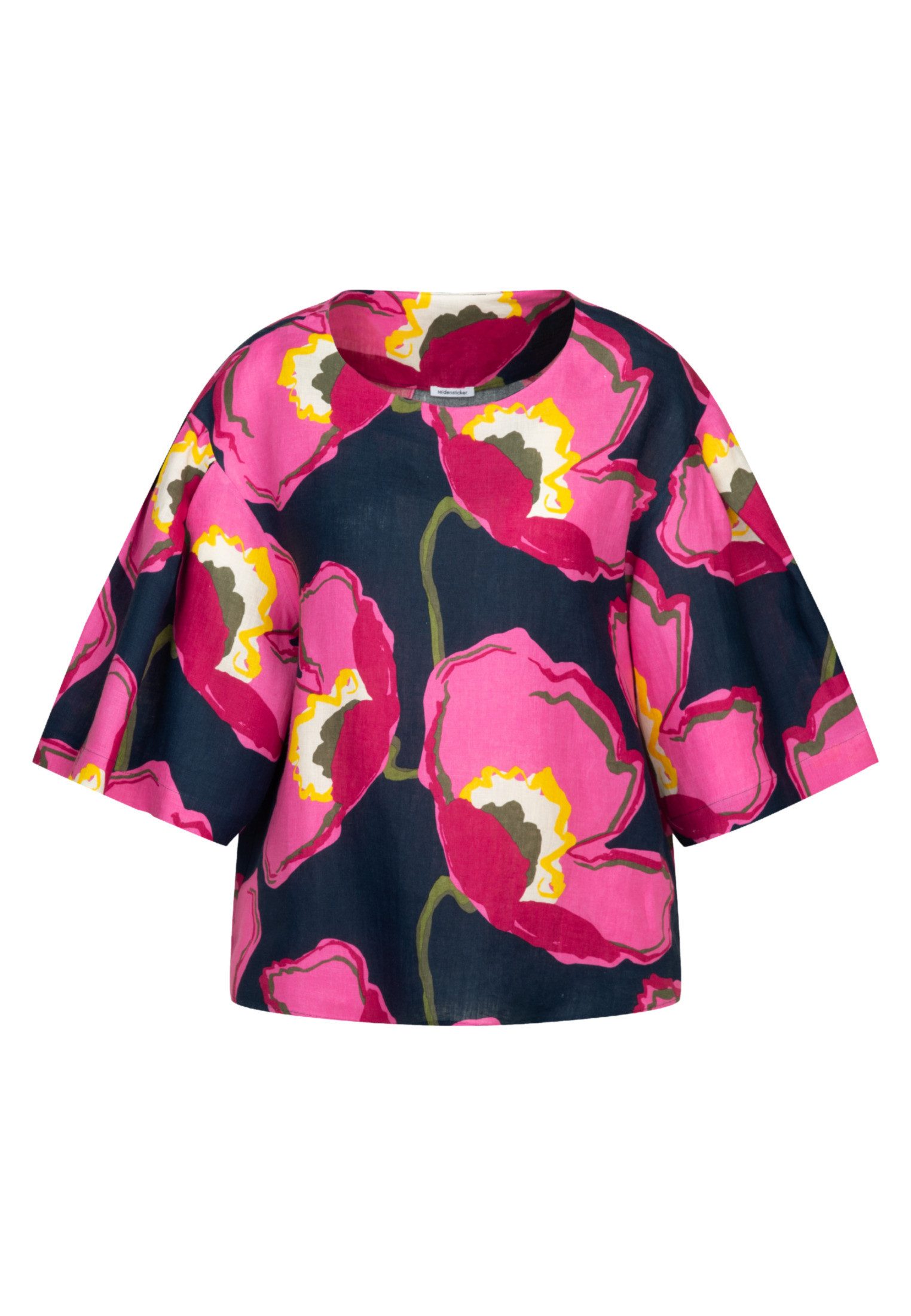 seidensticker Shirtblouse Zwarte roos Korte mouwen ronde hals in bloemmotief