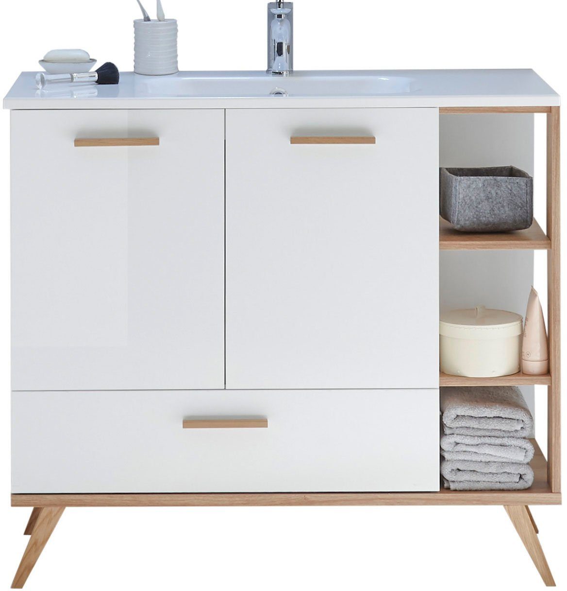 Saphir Badkamerserie Quickset mineraalmarmeren wastafel met onderkast, 101 cm breed Wastafelmeubel, 2 deuren, 1 lade, inclusief deurdemper, wastafelonderkast set (1 stuk)