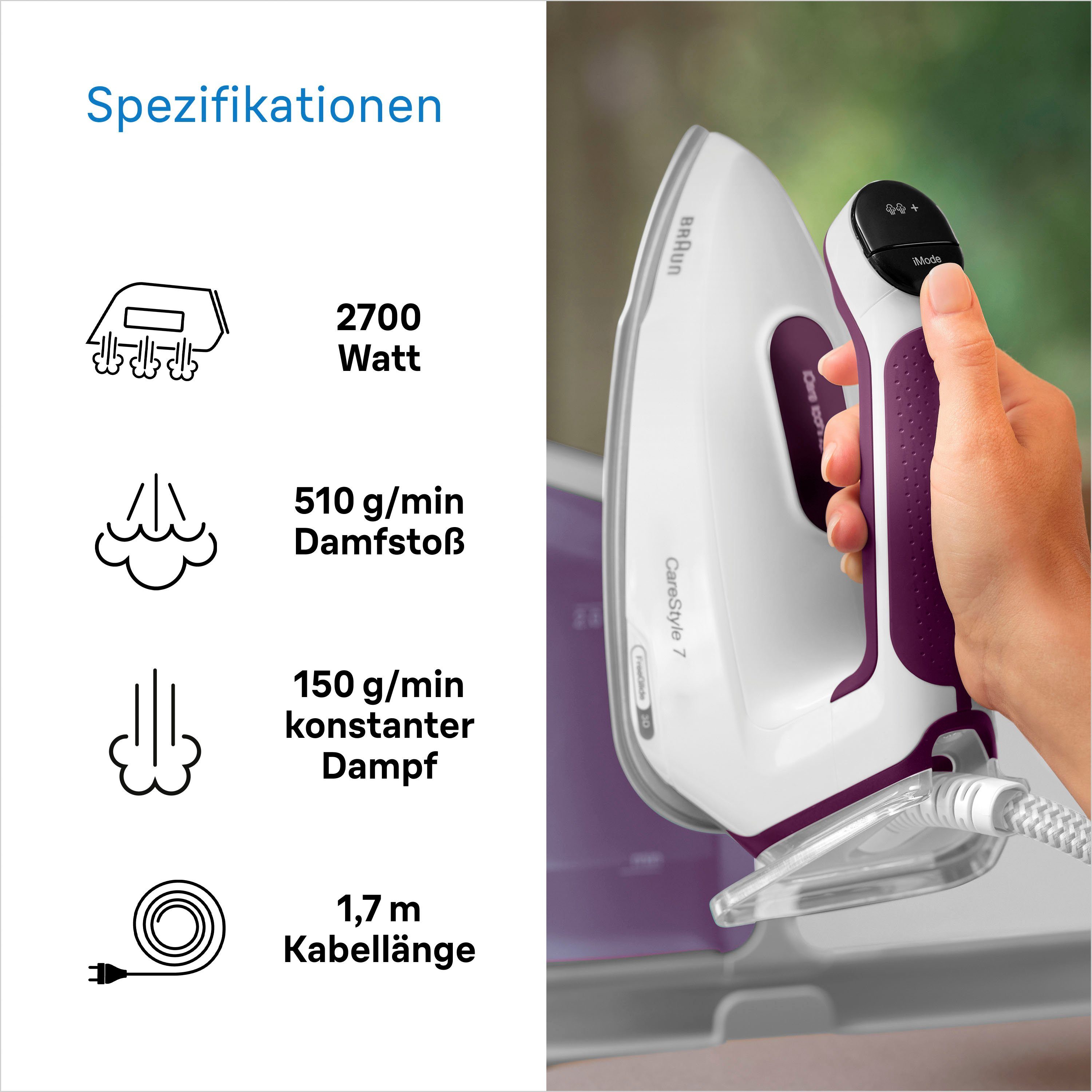 Braun Stoomstrijkstation Braun CareStyle 7 IS 7266 VI Dampfbügelstation Weiß/Violett