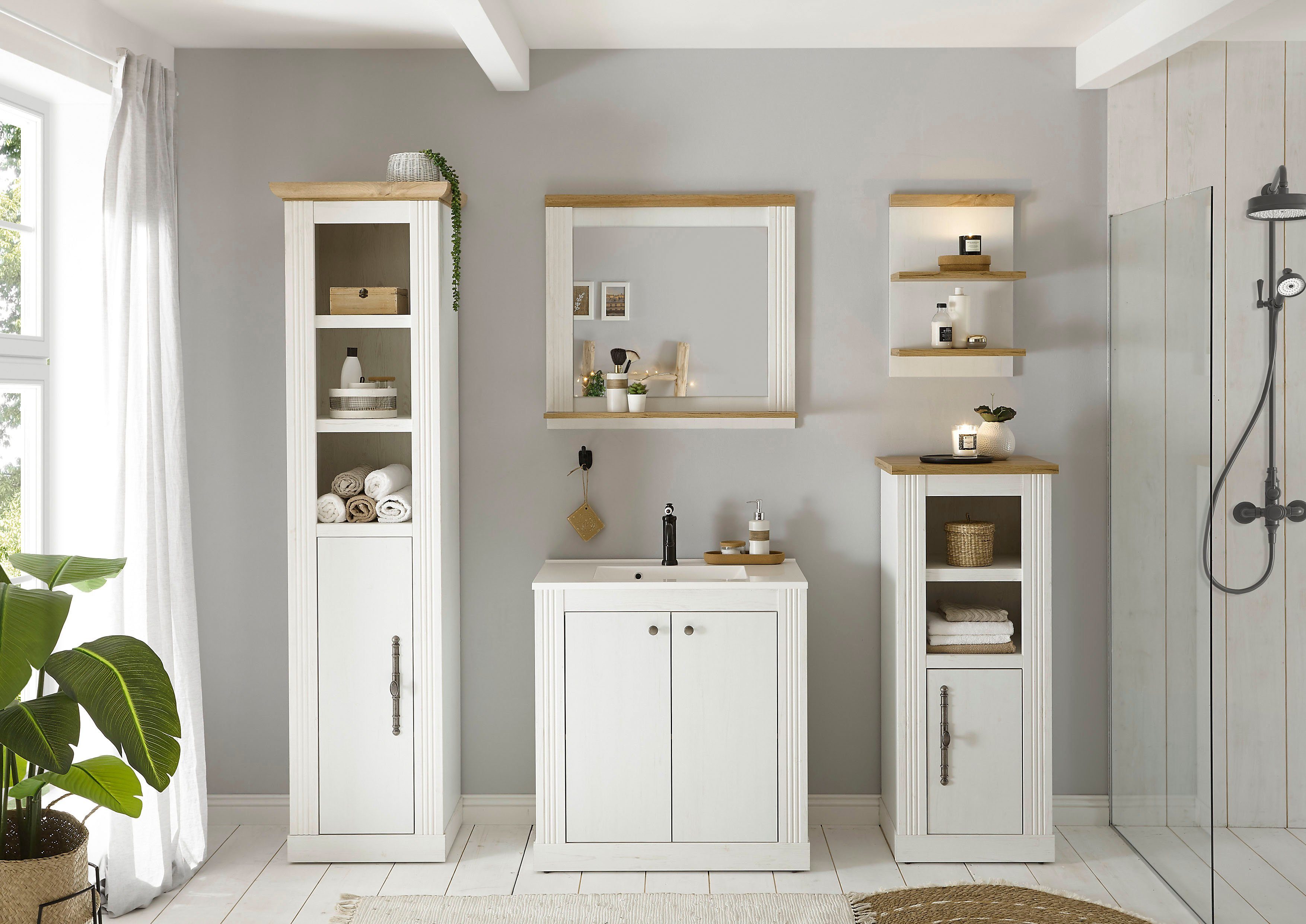 Home affaire Badkamerserie WESTMINSTER, badkamer in landhuisstijl, 5-delig badkamer Waschtafel, spiegel, midikast, plank, hoge kast, breedte 220 cm (5-delig)
