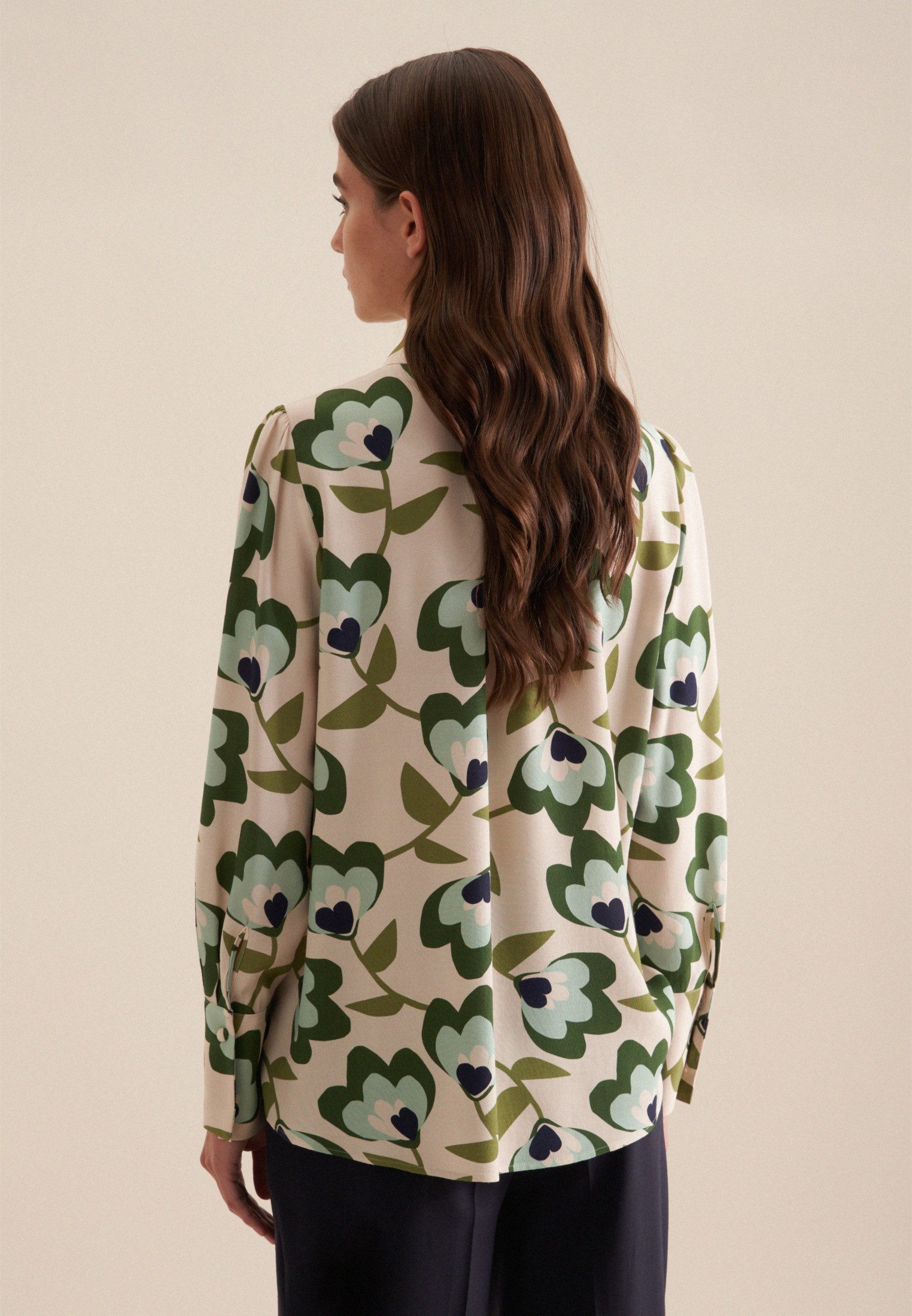 seidensticker Overhemdblouse Zwarte roos Lange mouwen kraag print