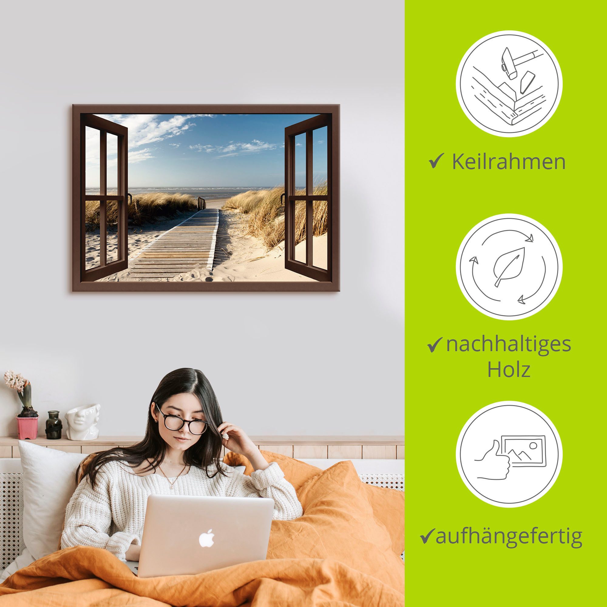 Artland Artprint Blik uit het venster Noordzeestrand op Langeoog als artprint op linnen, poster, muursticker in verschillende maten