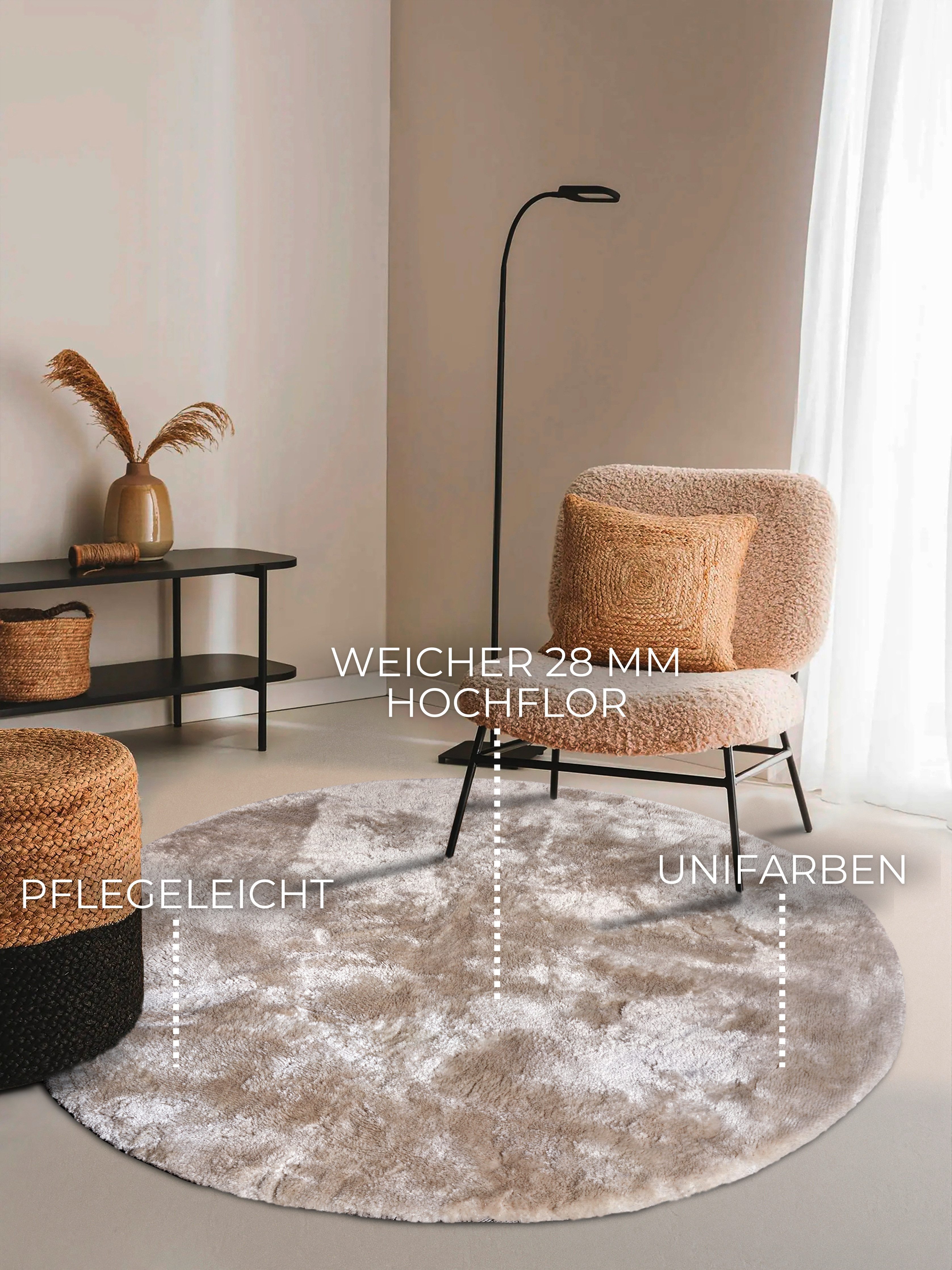 ELLE DECORATION Hoogpolig vloerkleed Calida Lange pool, shaggy, effen, pluizig, zacht, glanzend, modern, effen
