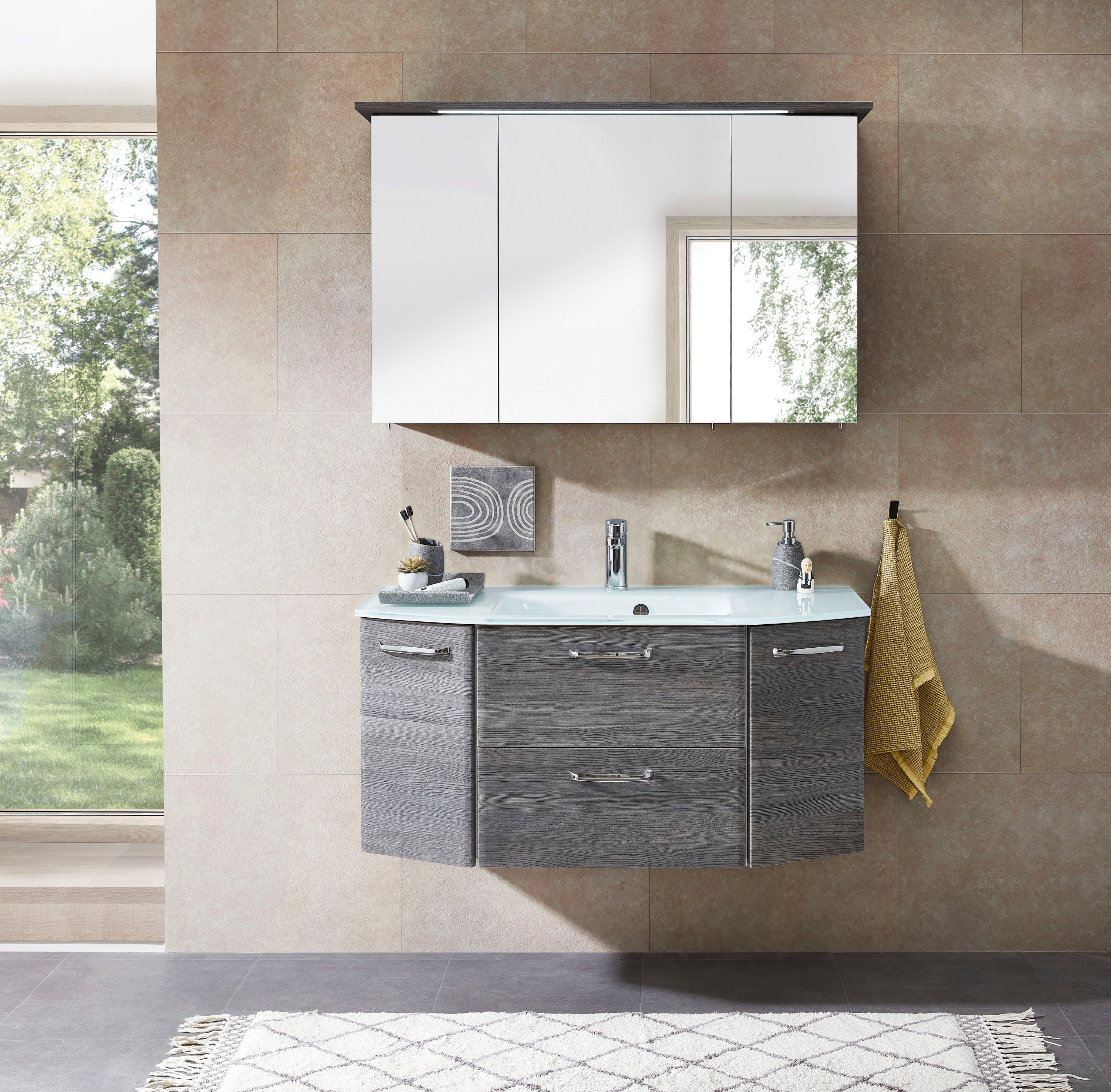 Saphir Spiegelkast Quickset 328 Badkamerspiegelkast incl. LED-verlichting, 620LM 115 cm breed, grafiet structuur in de breedte imitatie, inclusief deurdemper