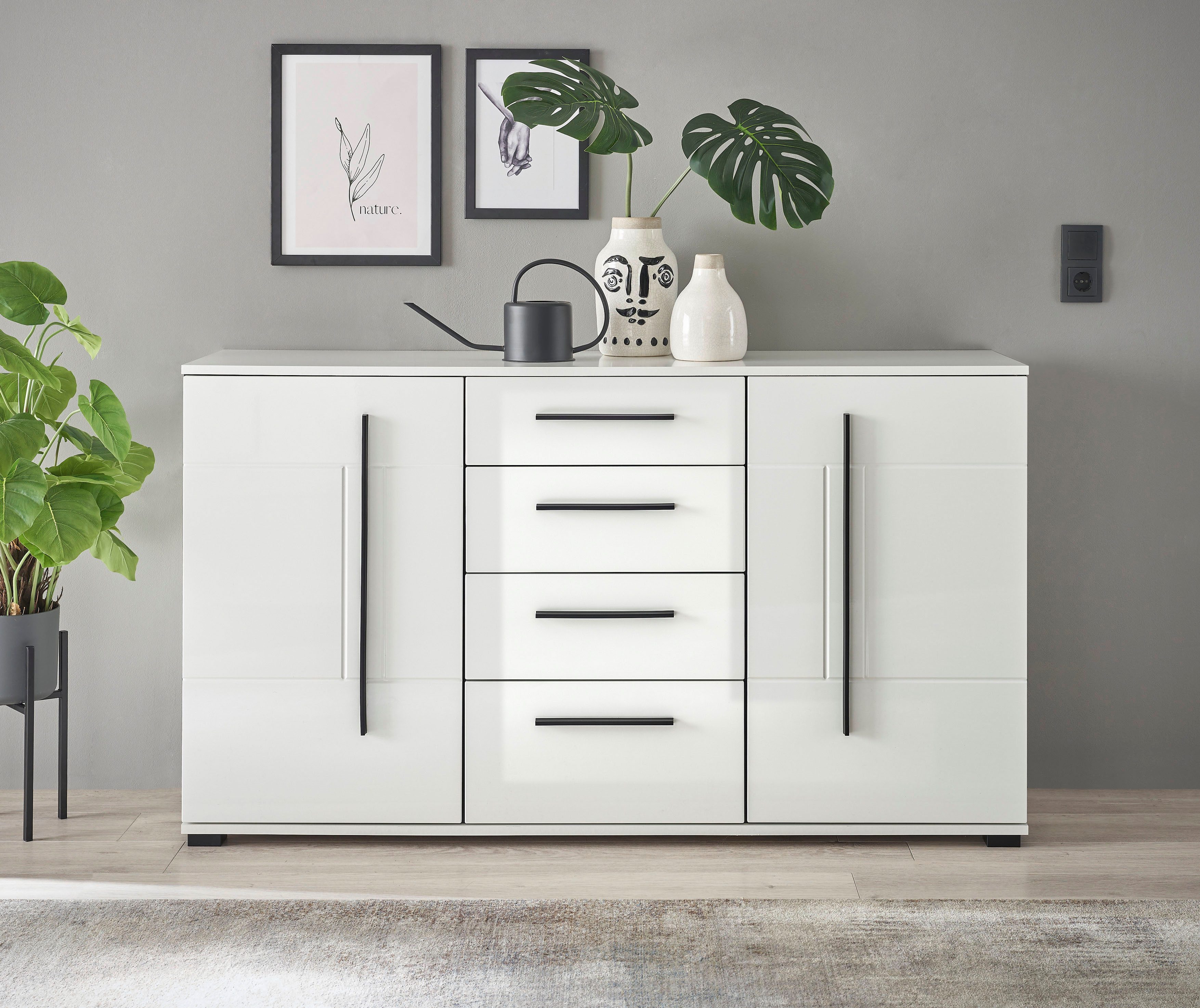 INOSIGN Dressoir Cantara, moderne kast, commode in Eiken Evoke of wit zwarte stanggreep, voldoende opbergruimte, veelzijdig inzetbaar dressoirs wit