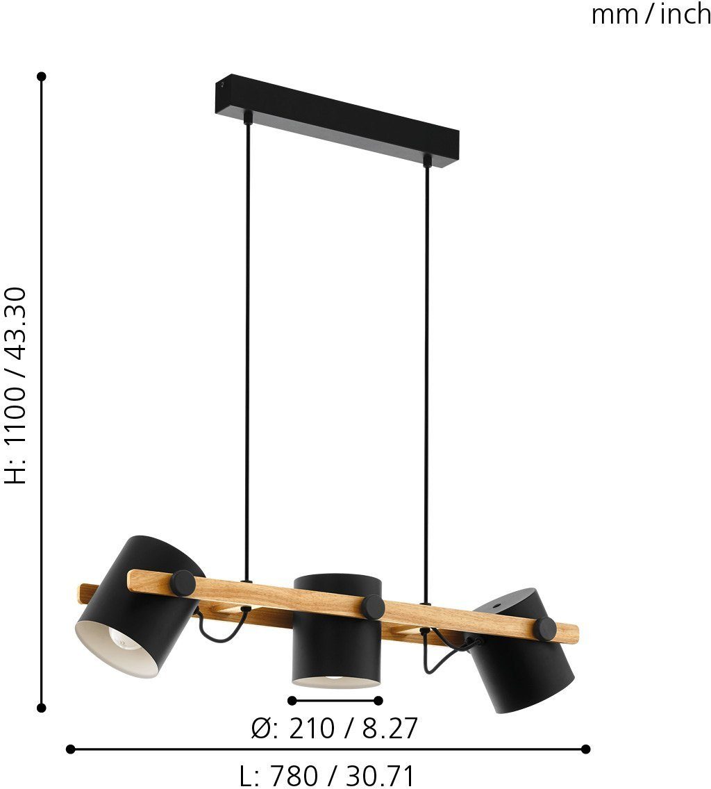 EGLO Hanglamp HORNWOOD zwart / l78 x h110 x b21 cm / excl. 3x e27 (max. 60 w) / plafondlamp