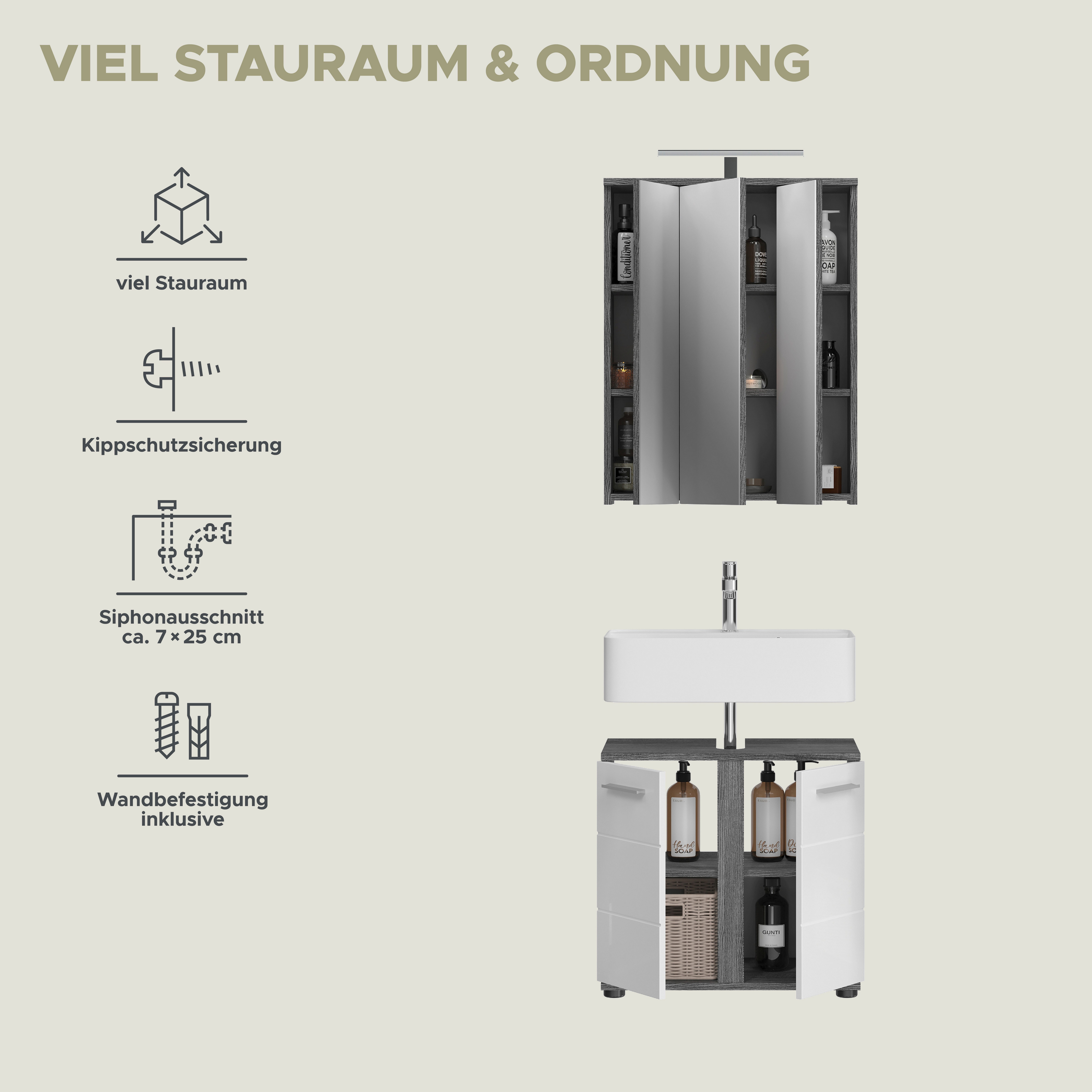 welltime Badkamerserie LUCCA, 2-delig, TOPSELLER!, inclusief LED-verlichting, bestaande uit: (set, 2-delig)