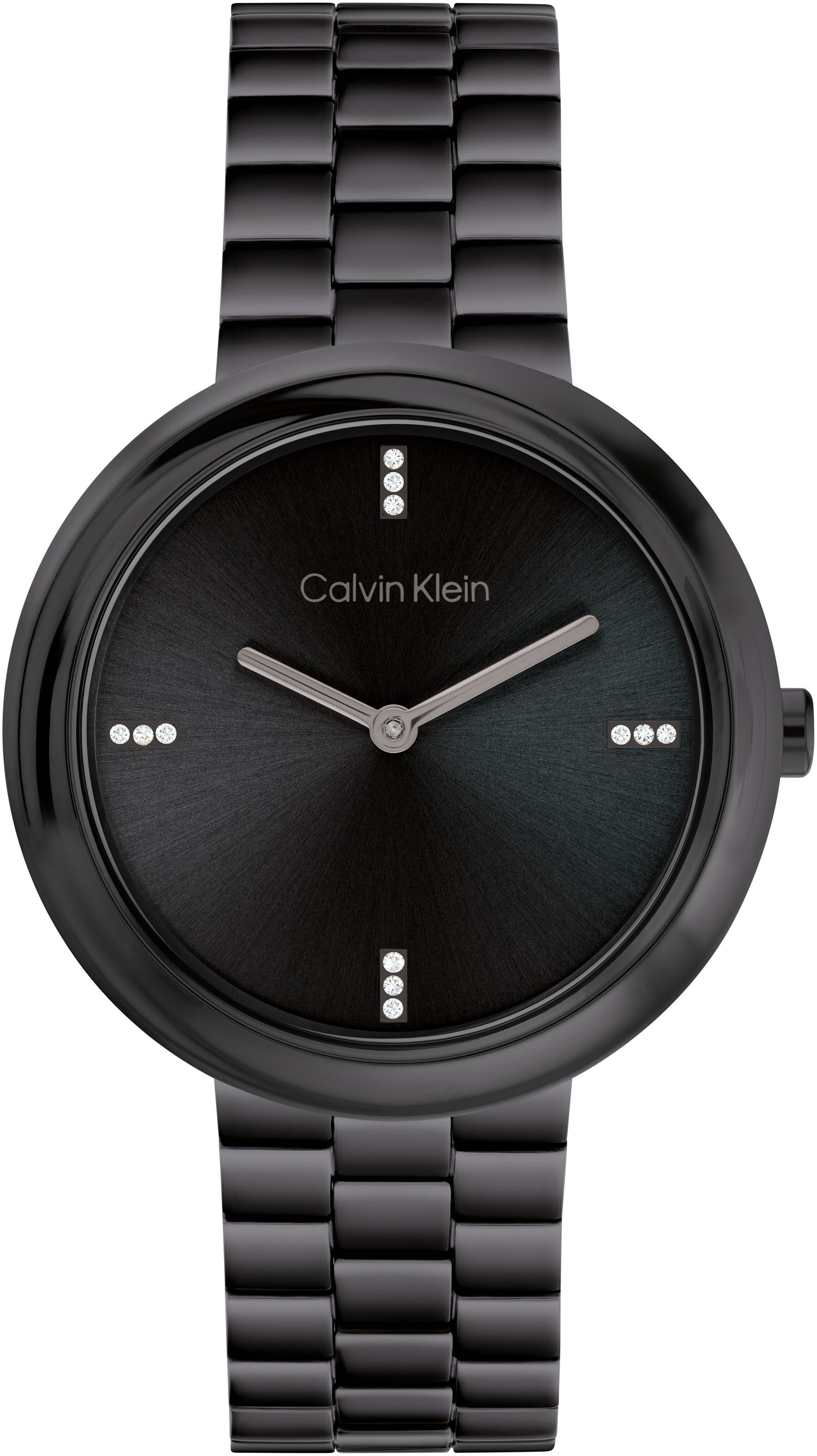 Calvin Klein Kwartshorloge Twisted bezel Polshorloge, dameshorloge, roestvrijstalen band, analoog, glasstenen dames quartz horloges zwart