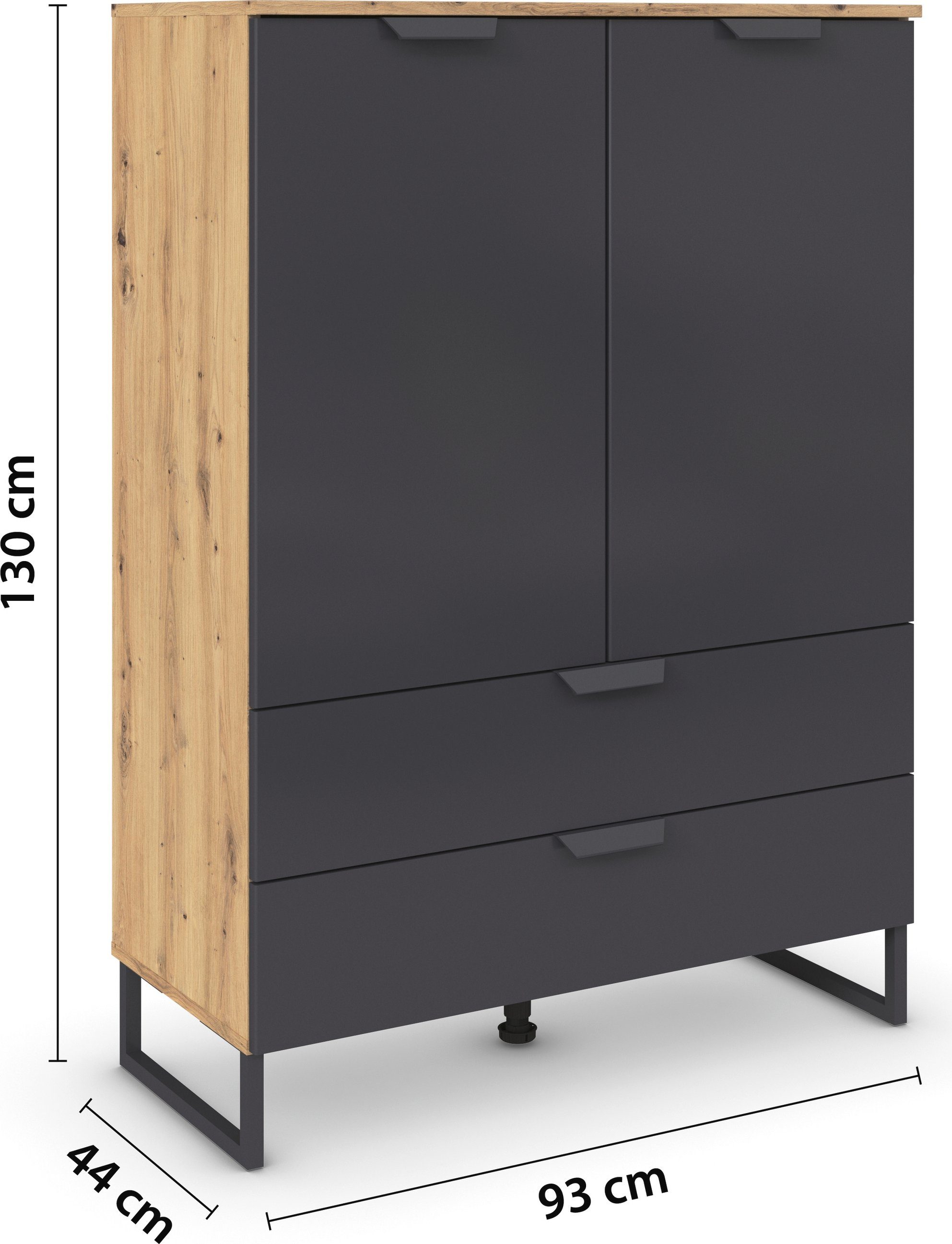 rauch Hoge kast Dark&Wood by Aditio in industriële stijl met beugelpoot, 2 laden met soft-closefunctie
